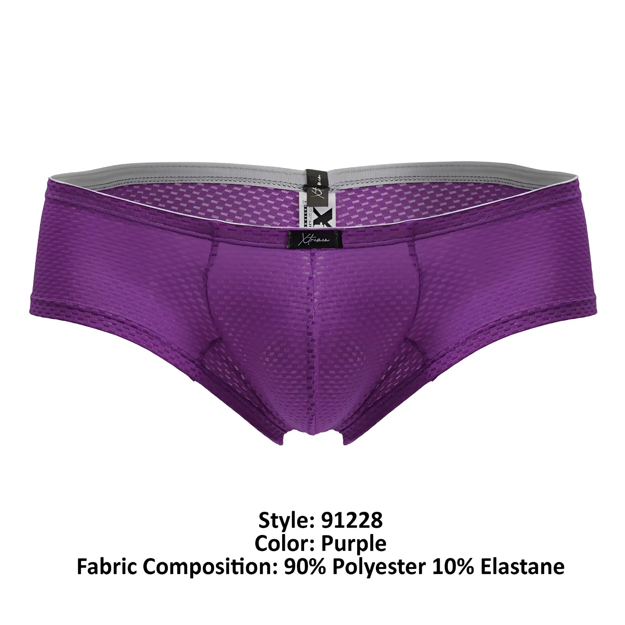 Xtremen 91228 microfiber trunks in purple with gray waistband and black brand tag in a mesh design
