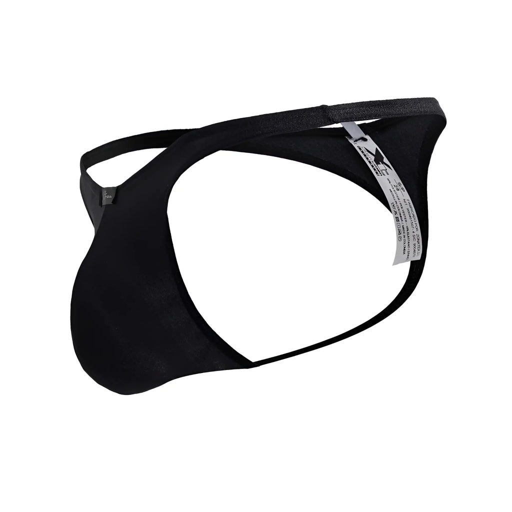 Xtremen 91232 black microfiber thong for men with sleek form fitting design and thin elastic straps shown from the back