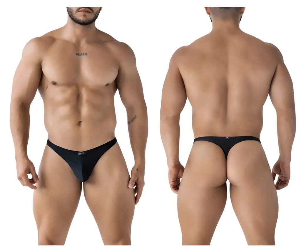 Black men’s Xtremen 91232 microfiber thong in black with a sleek minimalist design and small logo on waistband