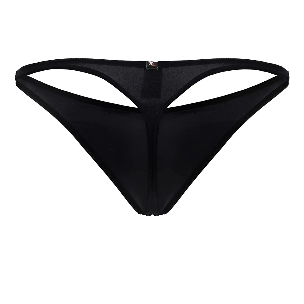 Black xtremen 91232 microfiber thong showing back with sleek stretchy fabric and distinctive cut-out design