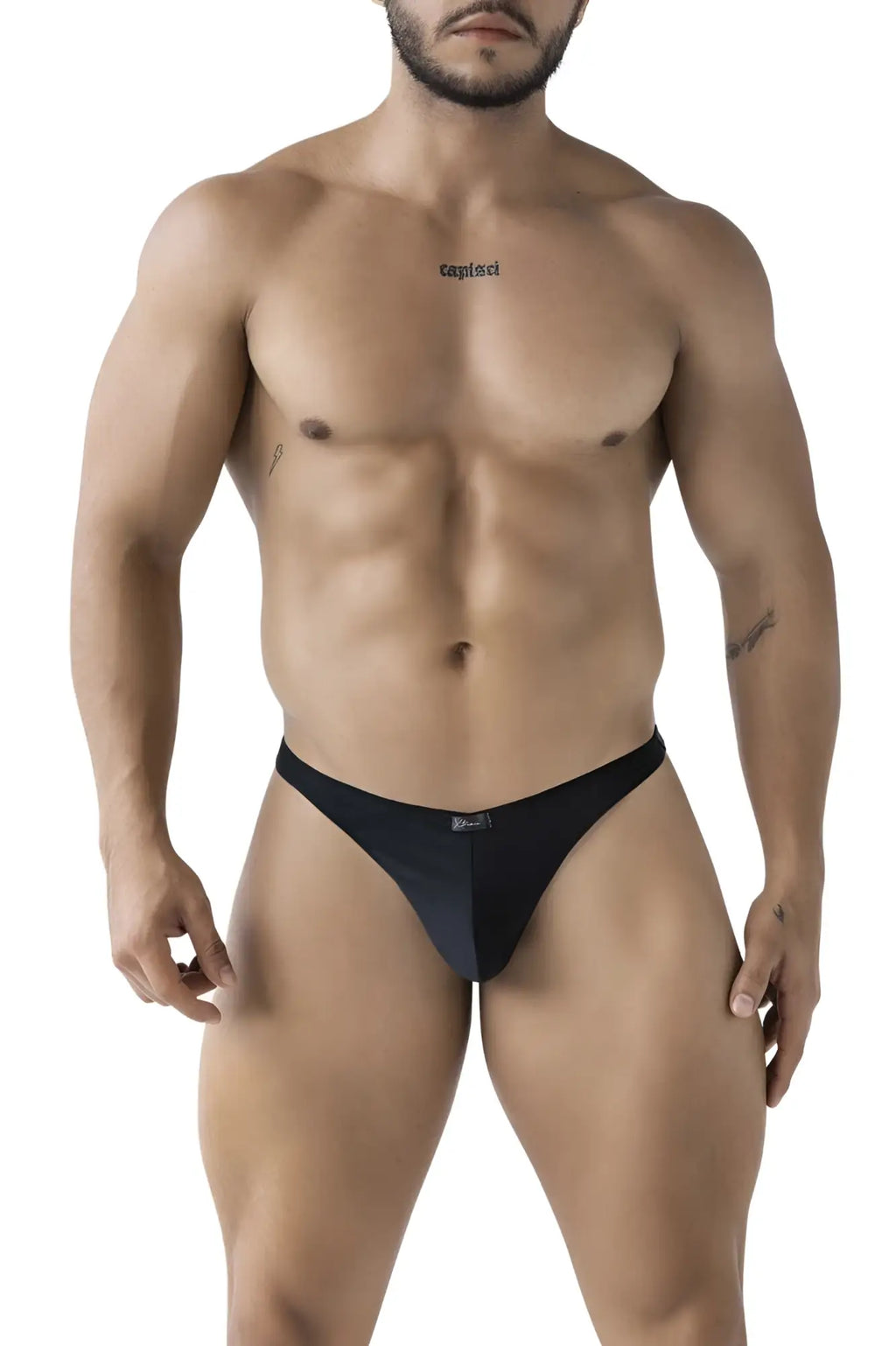 Black sleek form-fitting xtremen 91232 microfiber men’s thong with subtle brand logo at center front