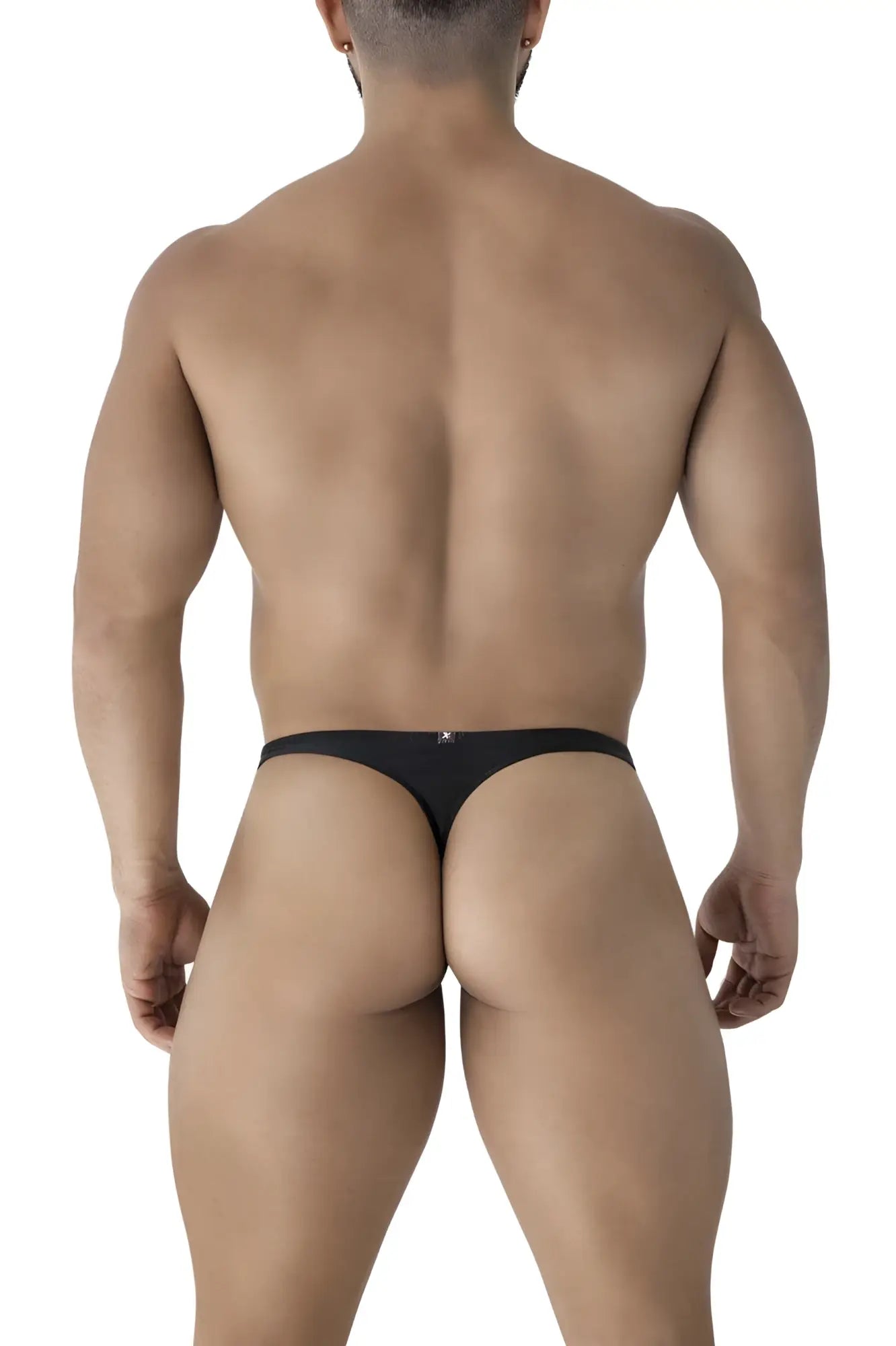Back side of a black xtremen 91232 microfiber thong with a small logo on the backband