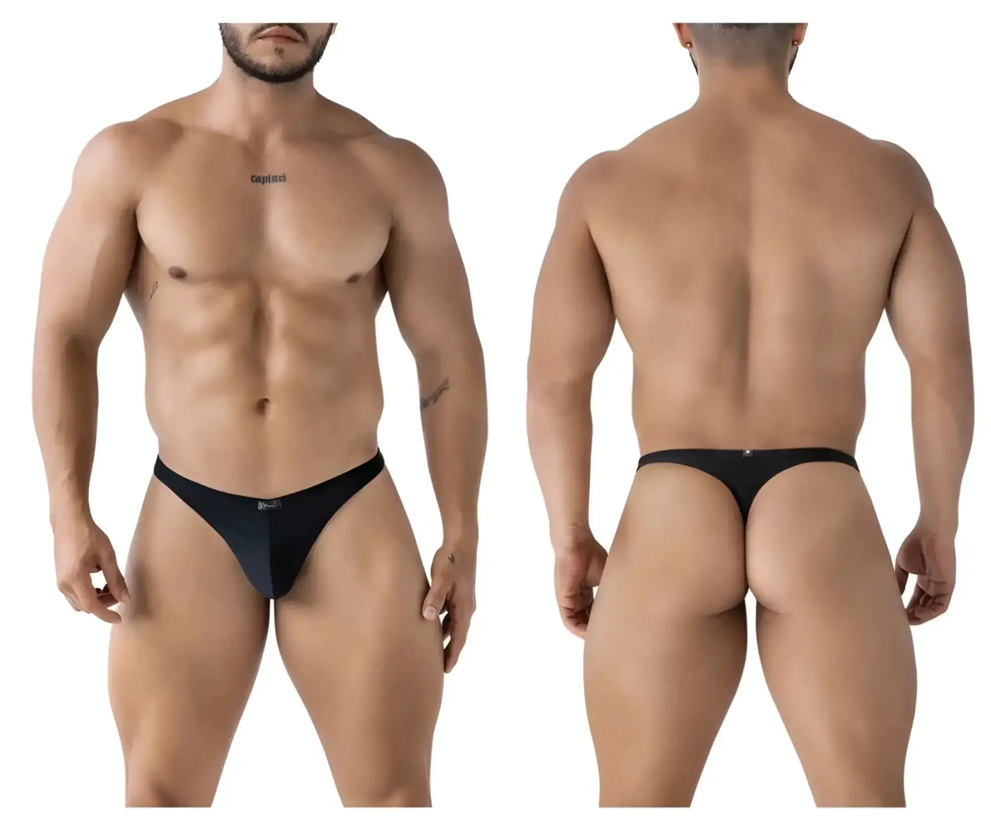 Black men’s Xtremen 91232 microfiber thong in black with a sleek minimalist design and small logo on waistband