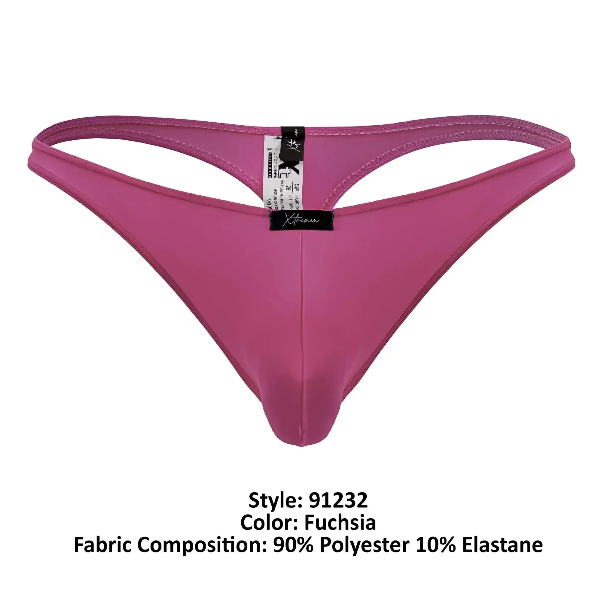 Fuchsia xtremen 91232 microfiber thong made of 90 polyester 10 elastane with black brand tag shown from back side