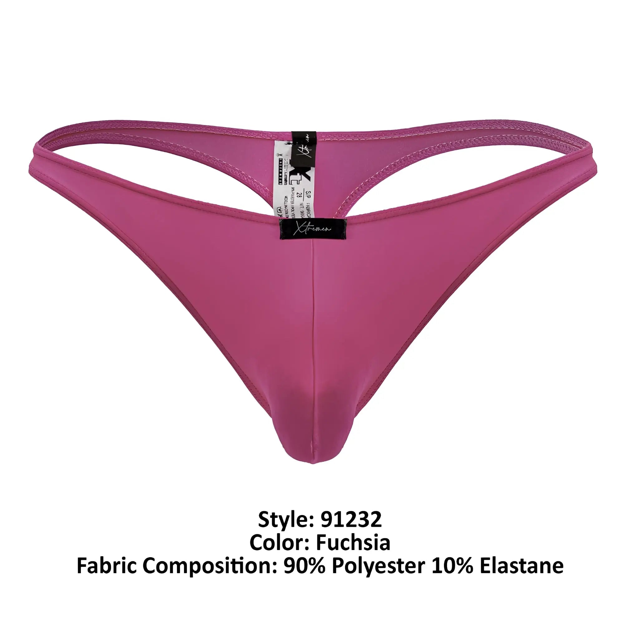Fuchsia xtremen 91232 microfiber thong made of 90 polyester 10 elastane with black brand tag shown from back side