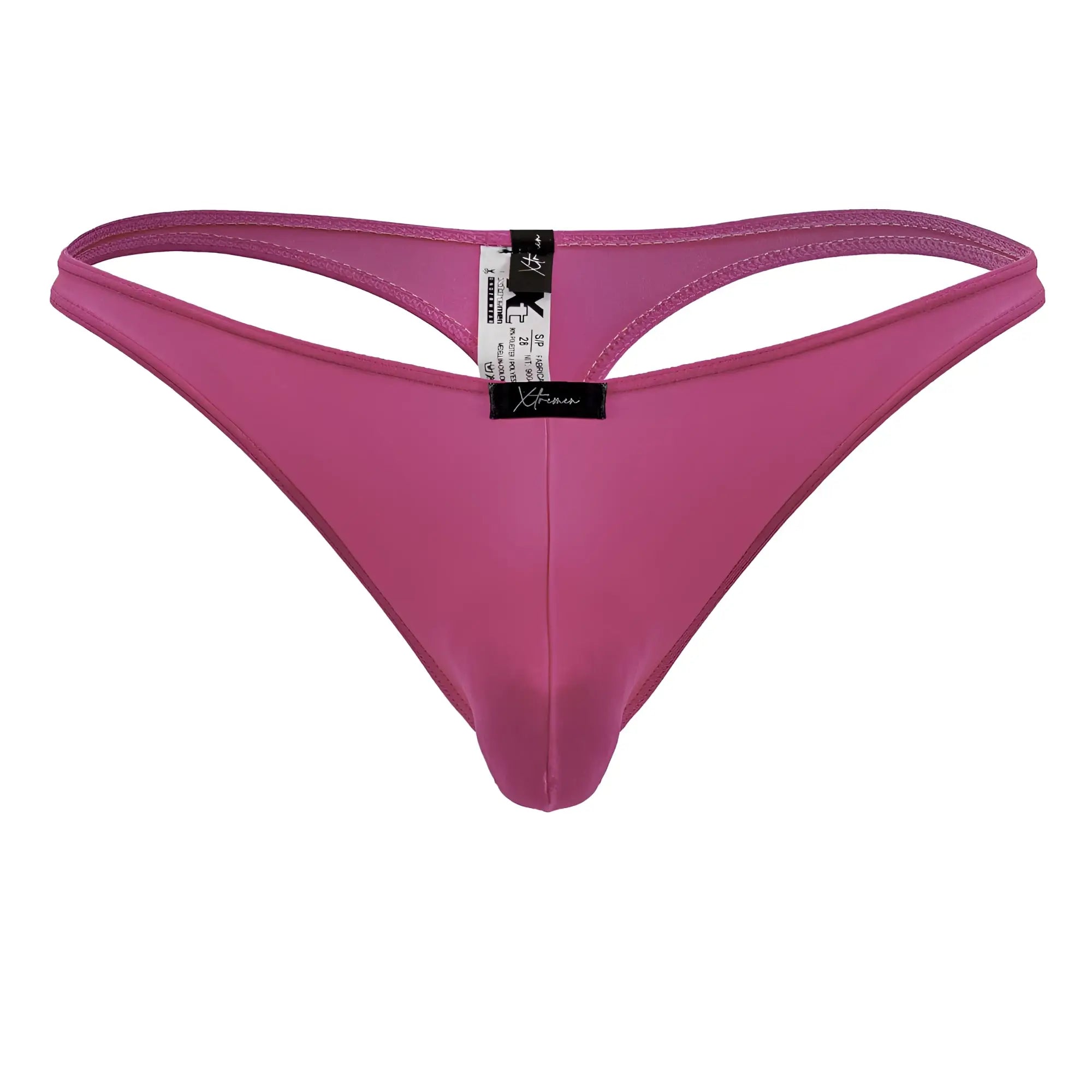A sleek vibrant pink fuchsia microfiber thong with smooth stretchy fabric and a minimalist design shown from the back