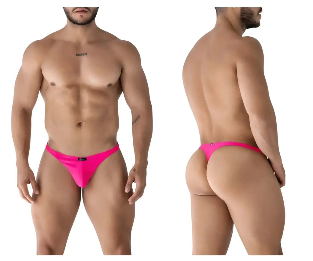 Bright pink form-fitting Xtremen 91232 microfiber thong made of smooth stretch fabric showing back side