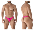 Bright pink form-fitting Xtremen 91232 microfiber thong made of smooth stretch fabric showing back side