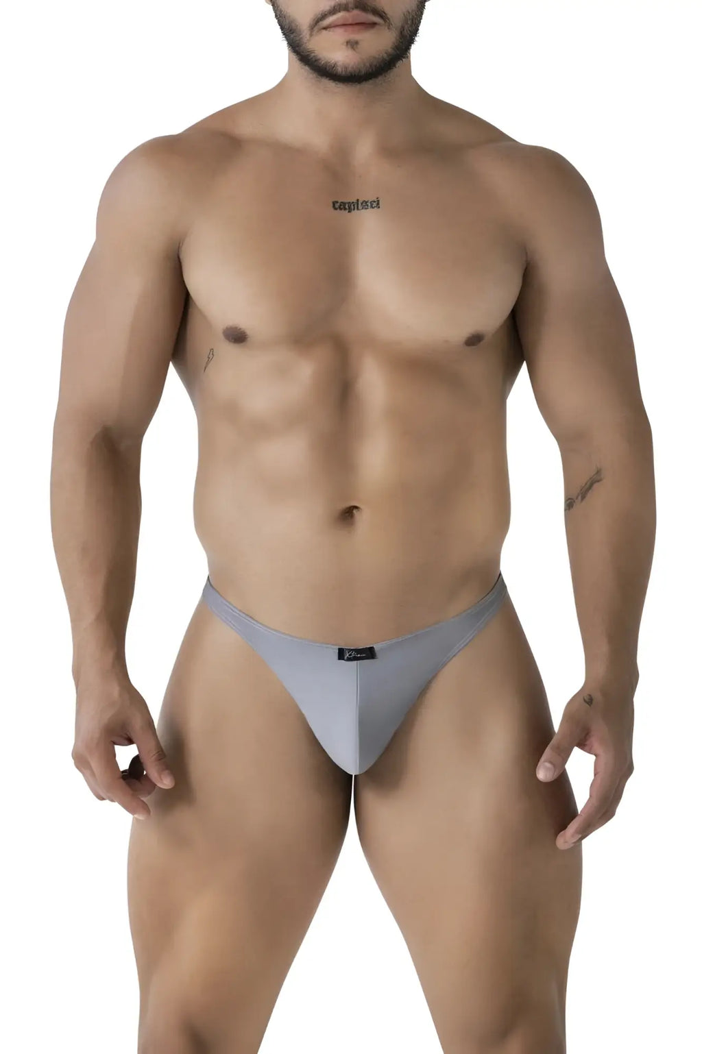 Gray xtremen 91232 microfiber thong made of stretchy fabric with a small black logo on the waistband