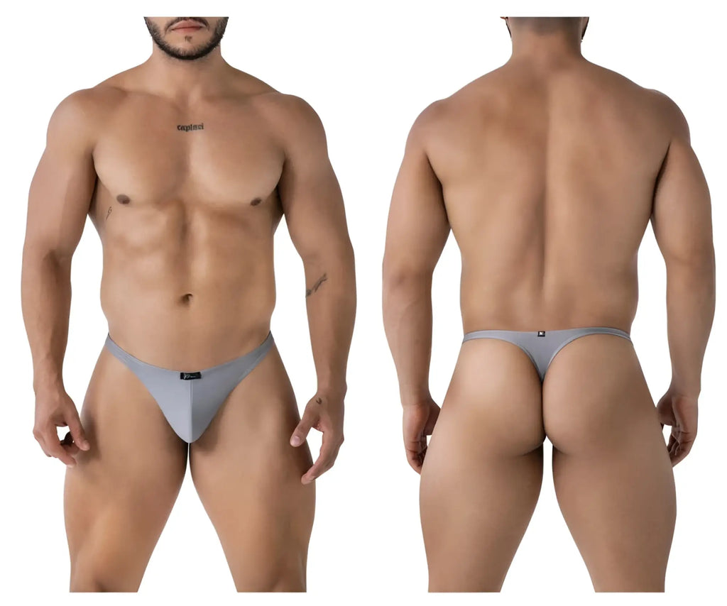 Gray xtremen 91232 microfiber thong with form-fitting design and small black logo on front and back visible in image of back side