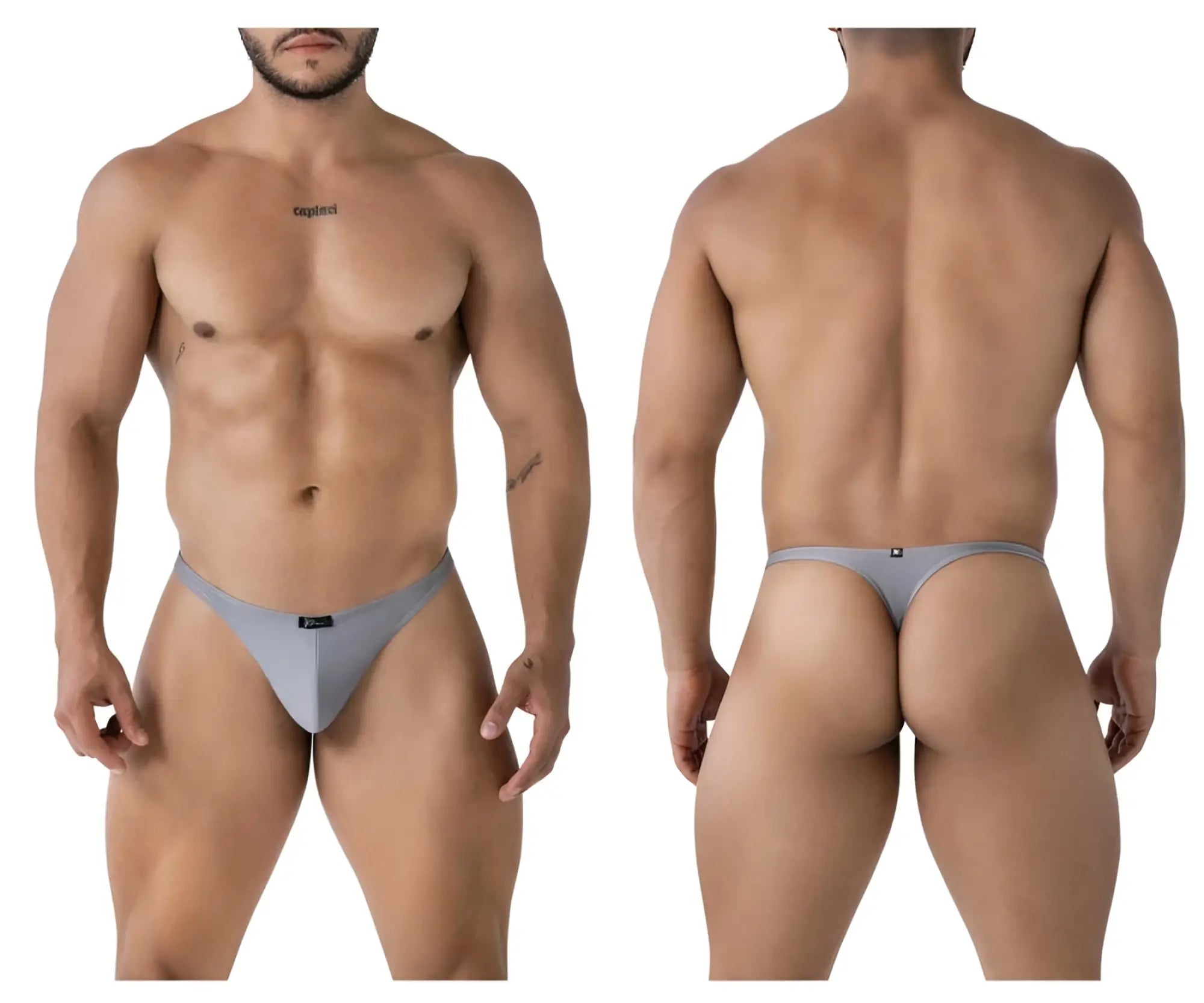 Gray xtremen 91232 microfiber thong with form-fitting design and small black logo on front and back visible in image of back side