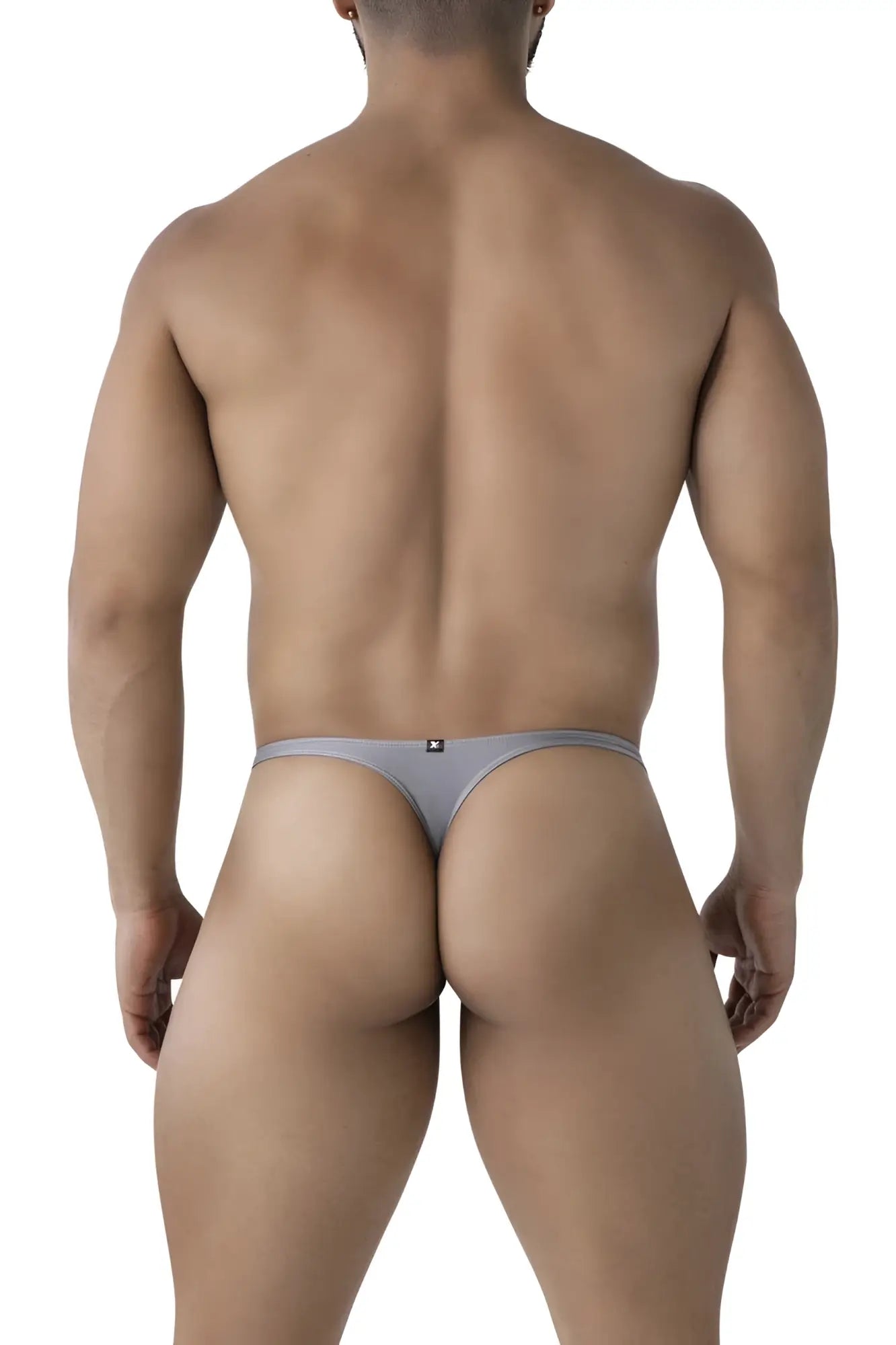 Back view of xtremen 91232 gray microfiber thong with form-fitting design and subtle logo on the backband