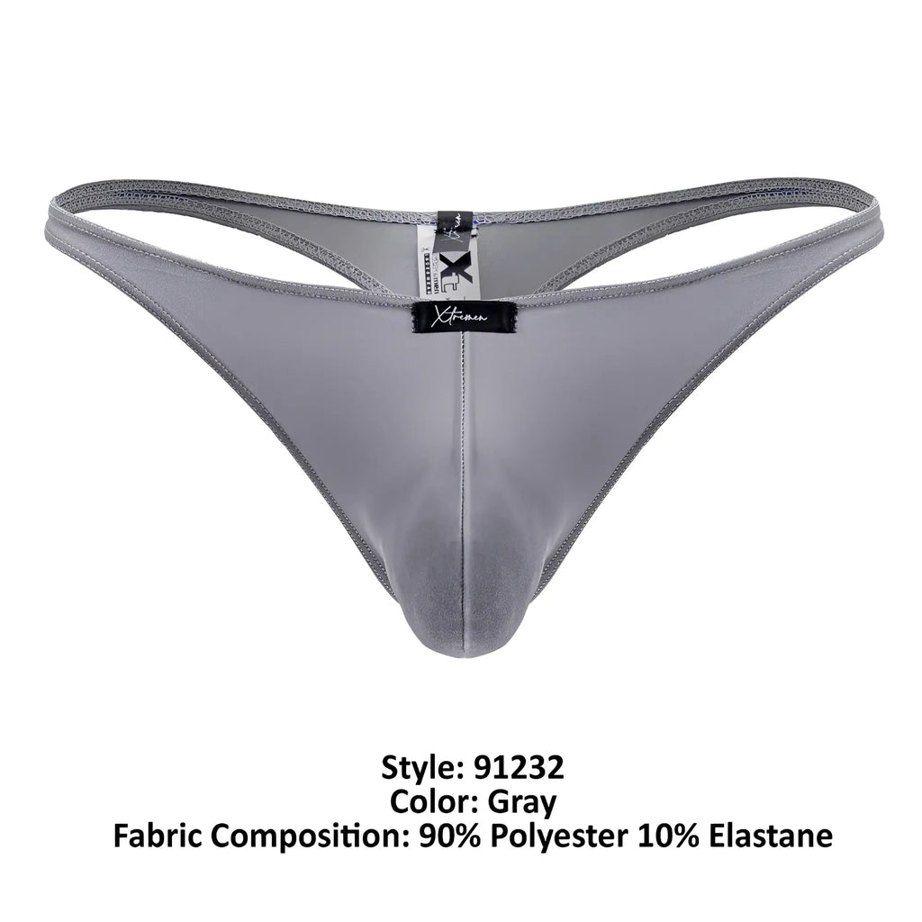 Gray xtremen 91232 microfiber men’s thong with smooth stretchy polyester and elastane blend front view