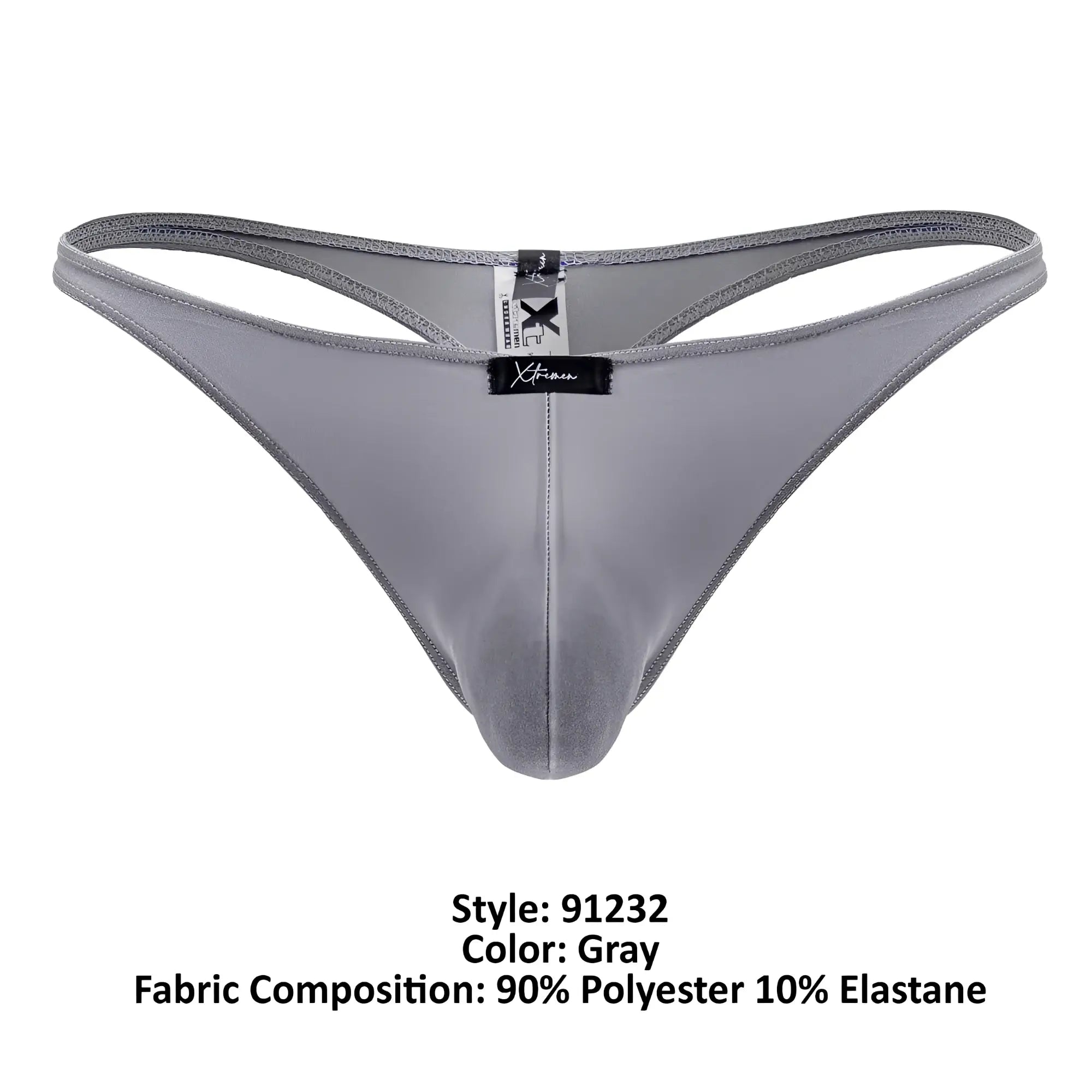 Gray xtremen 91232 microfiber men’s thong with smooth stretchy polyester and elastane blend front view