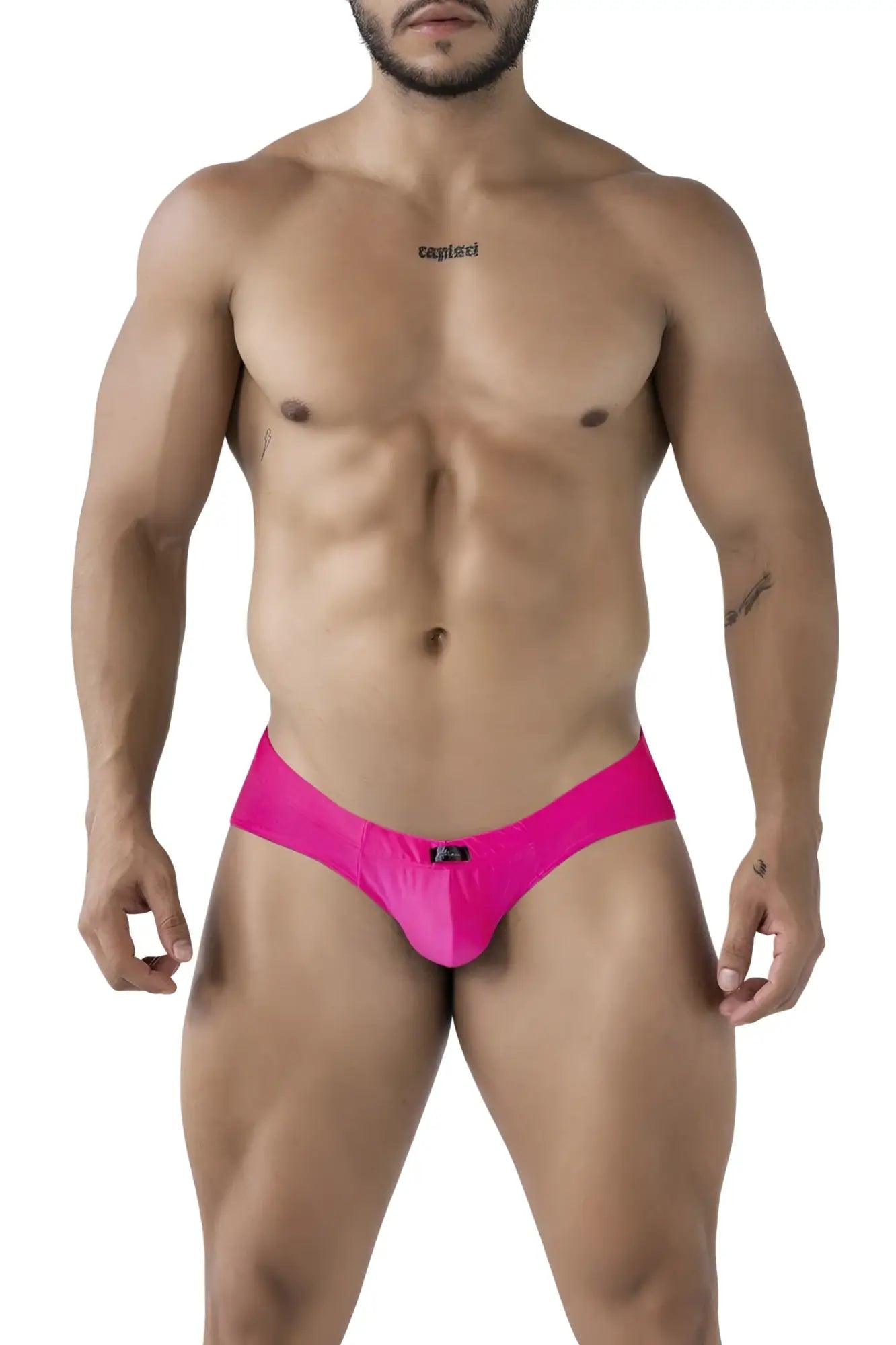 Bright pink Xtremen 91233 microfiber briefs for men with a sleek, smooth fabric and a black brand tag at the waistband