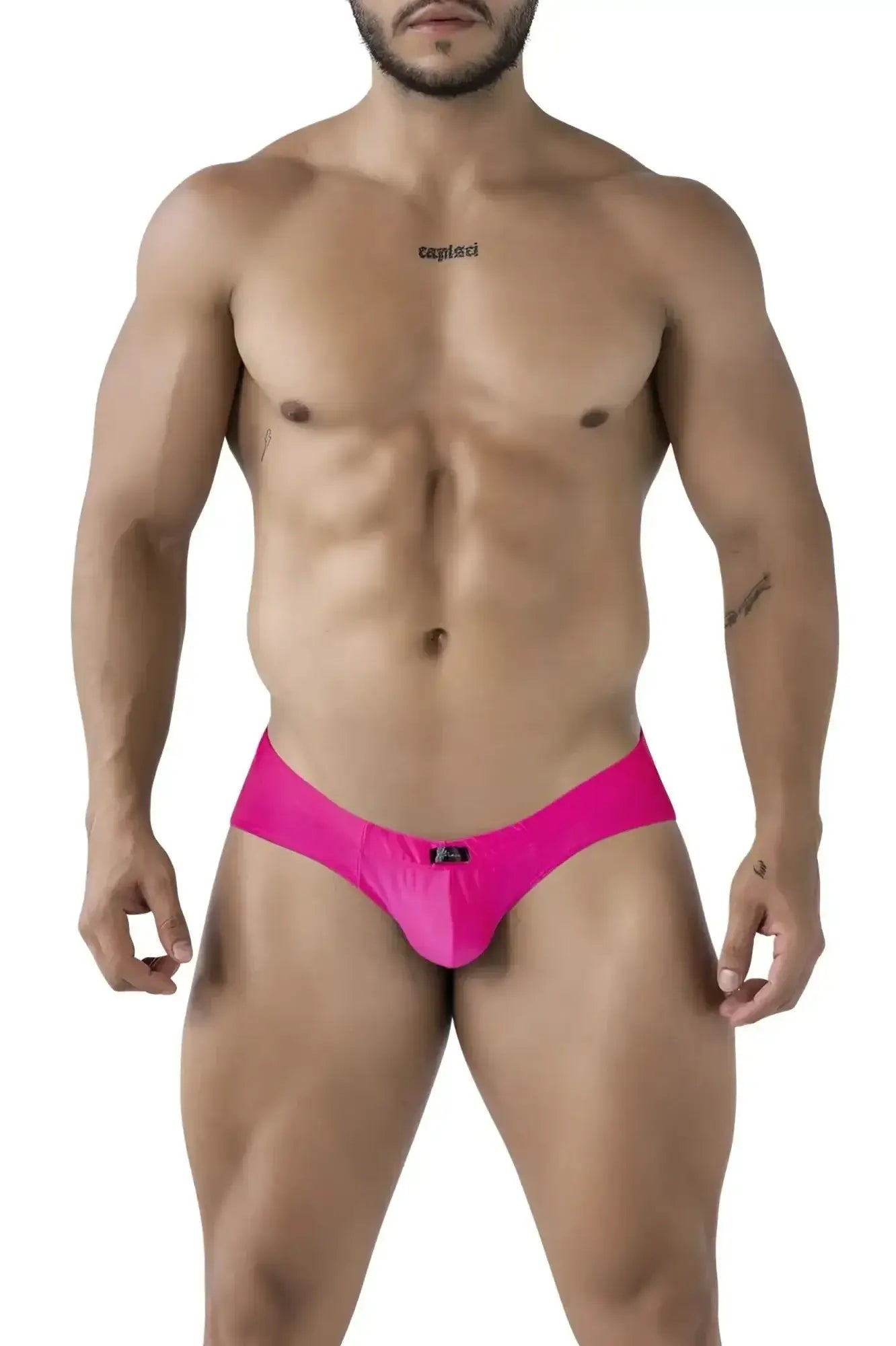 Bright pink Xtremen 91233 microfiber briefs for men with a sleek, smooth fabric and a black brand tag at the waistband