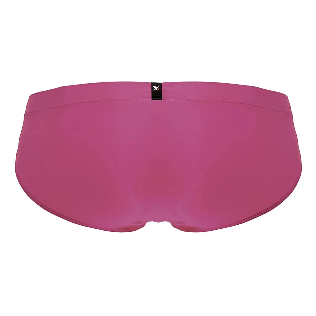A vibrant fuchsia xtremen 91233 microfiber men’s brief with smooth stretchy fabric and a black brand tag at the waistband