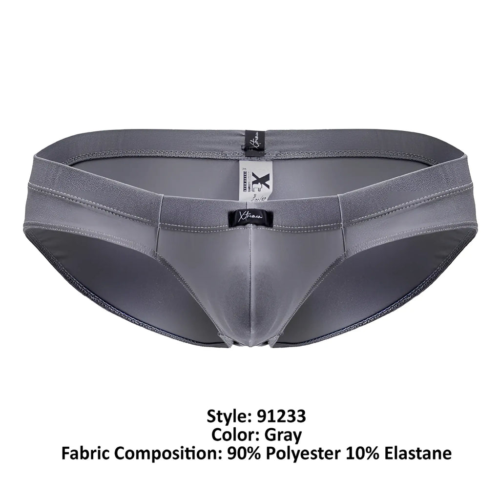 Gray xtremen 91233 microfiber briefs made of 90% polyester and 10% elastane with black branded tags and sleek design