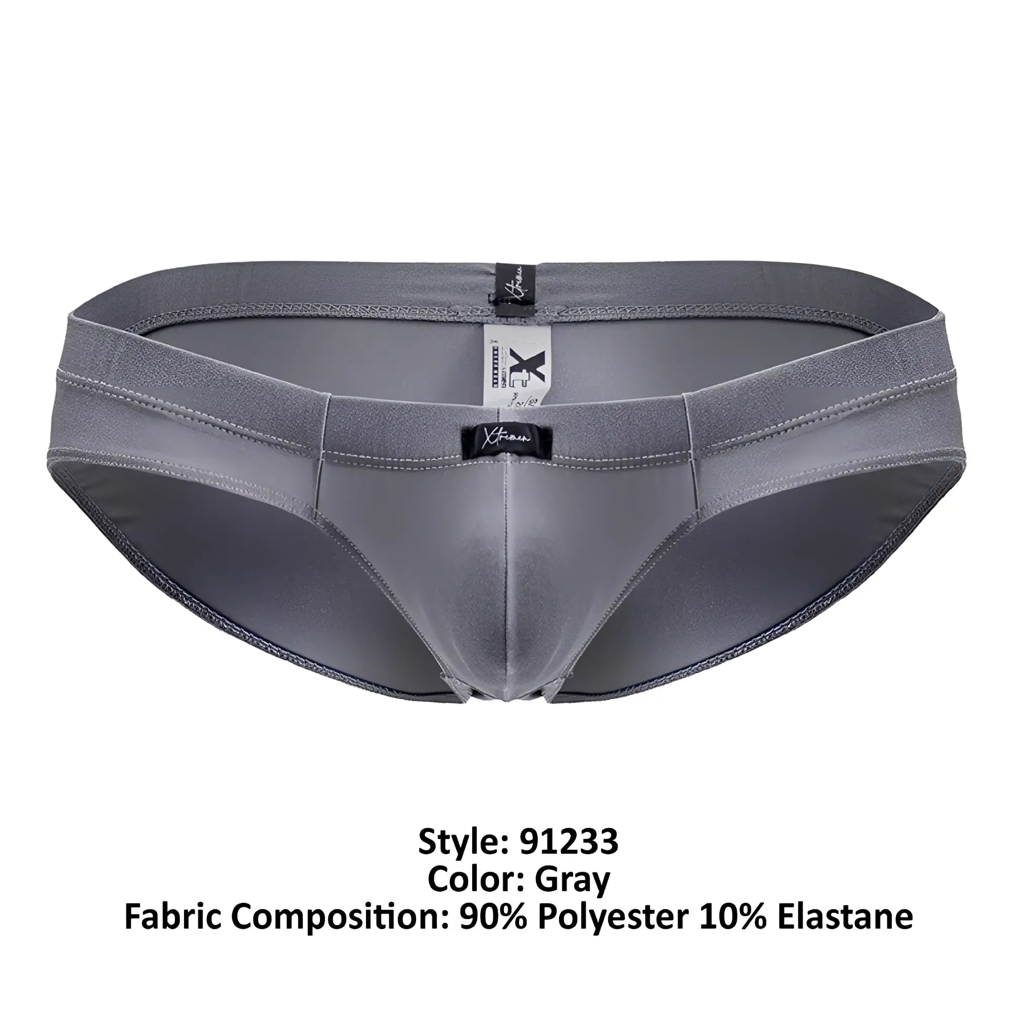 Gray xtremen 91233 microfiber briefs made of 90% polyester and 10% elastane with black branded tags and sleek design