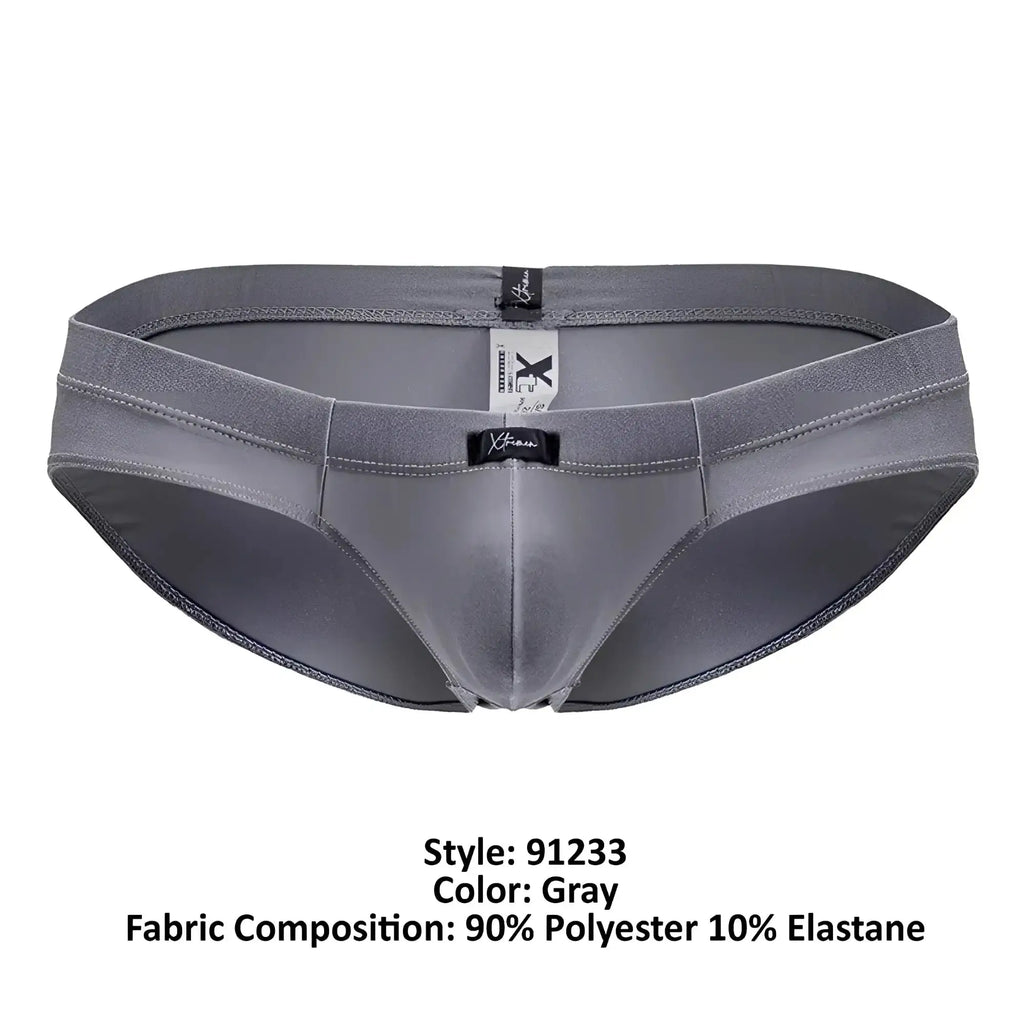 Gray xtremen 91233 microfiber briefs made of 90% polyester and 10% elastane with black branded tags and sleek design