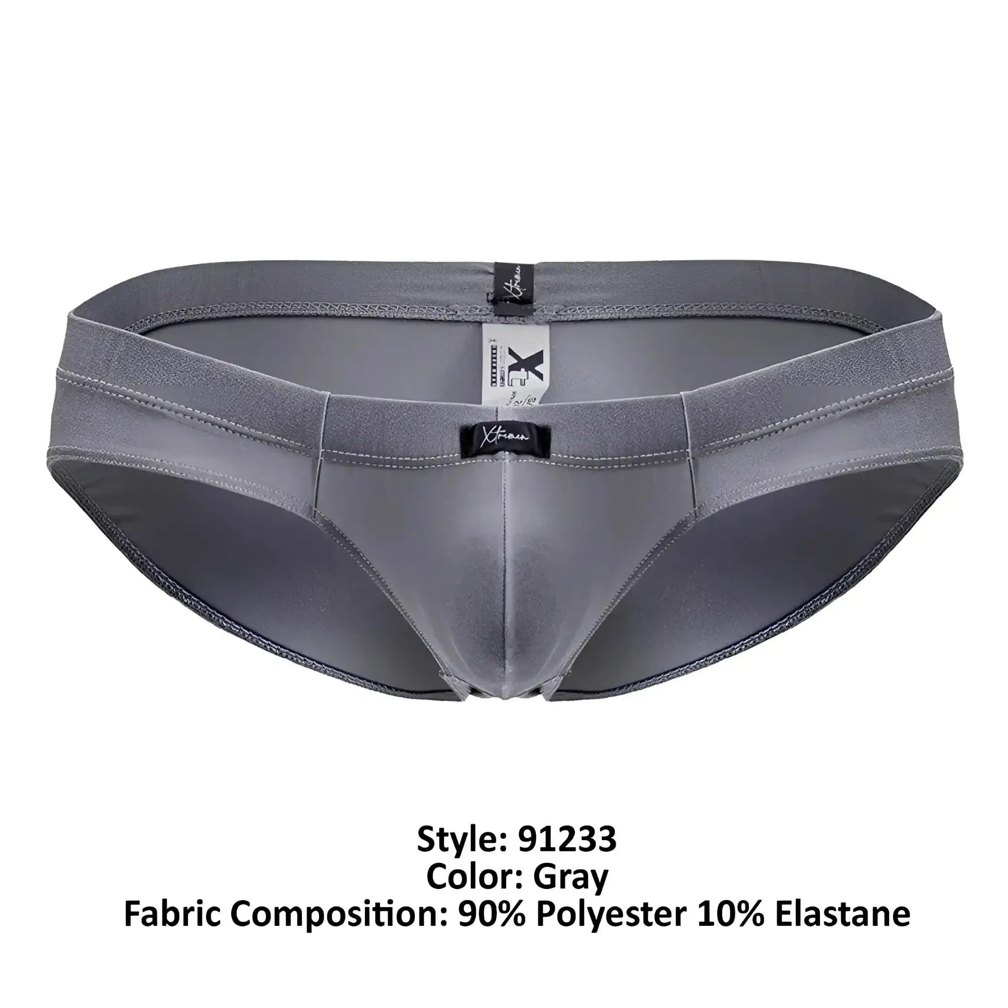 Gray xtremen 91233 microfiber briefs made of 90% polyester and 10% elastane with black branded tags and sleek design