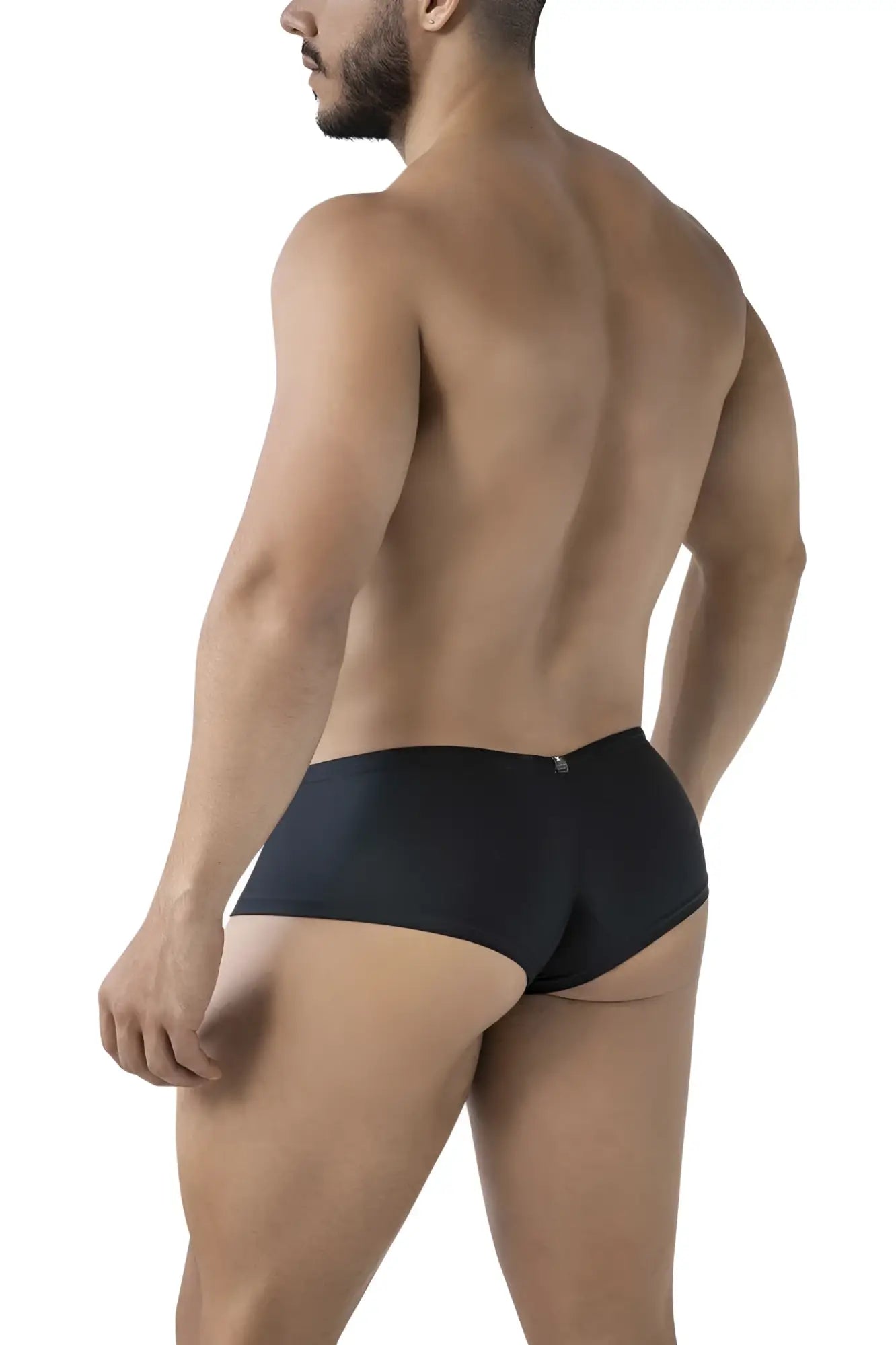 Back side of xtremen 91234 microfiber black briefs with sleek form fitting design and small metallic logo on waistband