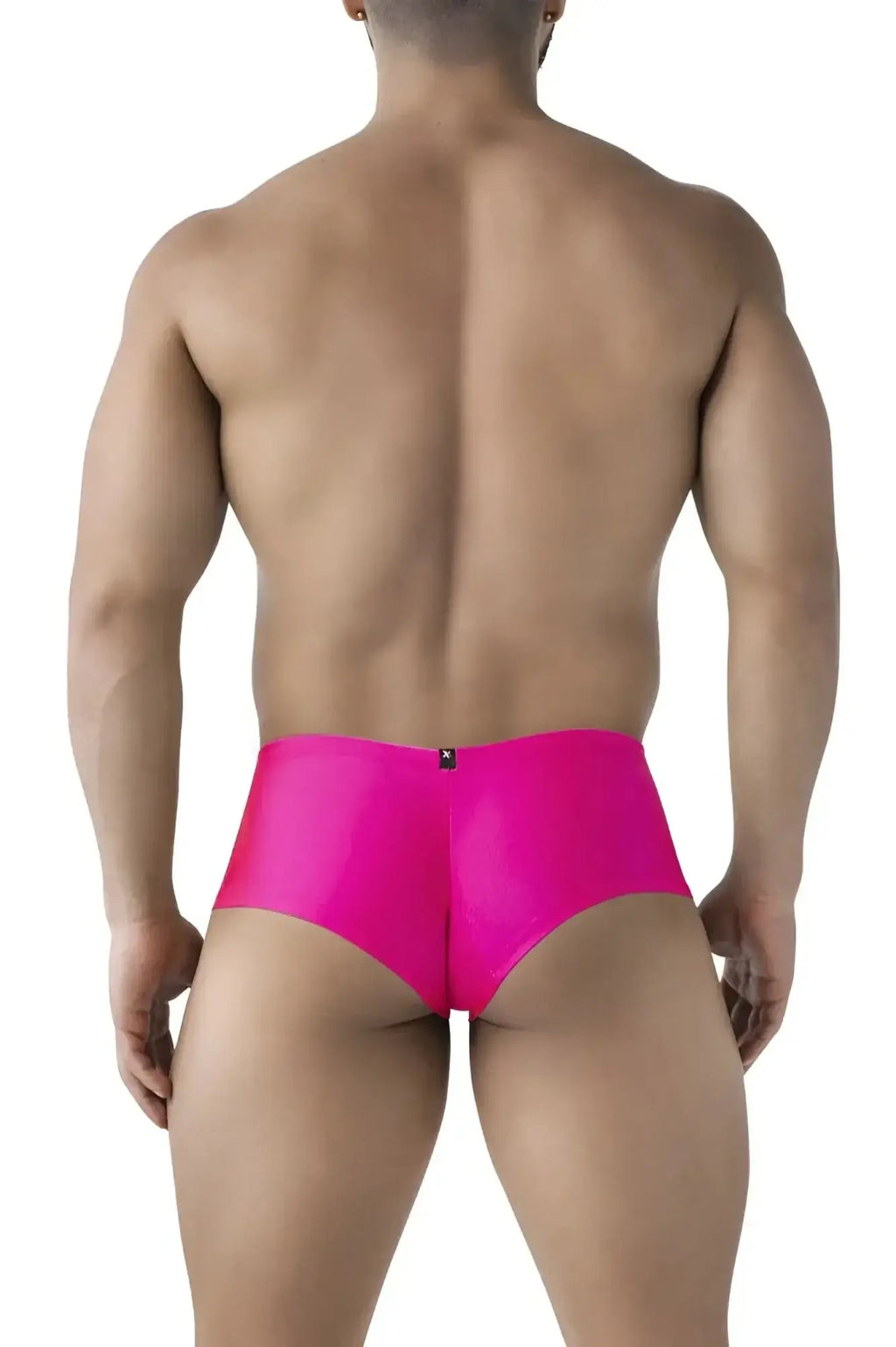 Back side of xtremen 91234 microfiber trunks in shiny fuchsia satin briefs with a small black logo on waistband