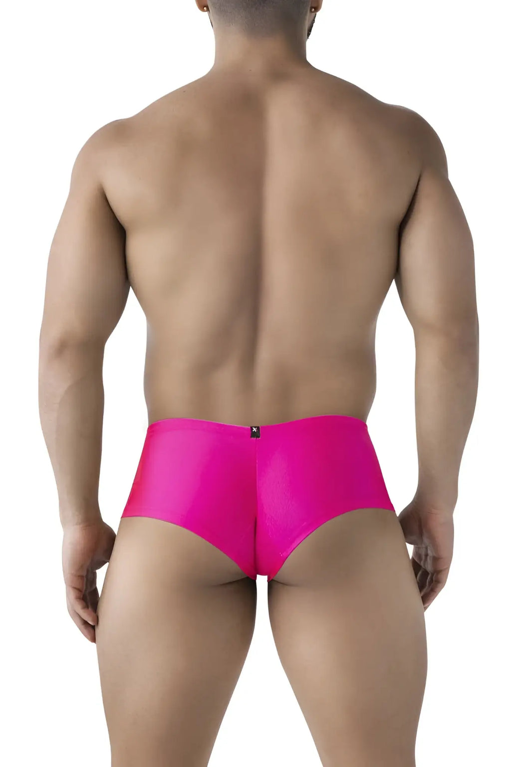 Back side of xtremen 91234 microfiber trunks in shiny fuchsia satin briefs with a small black logo on waistband