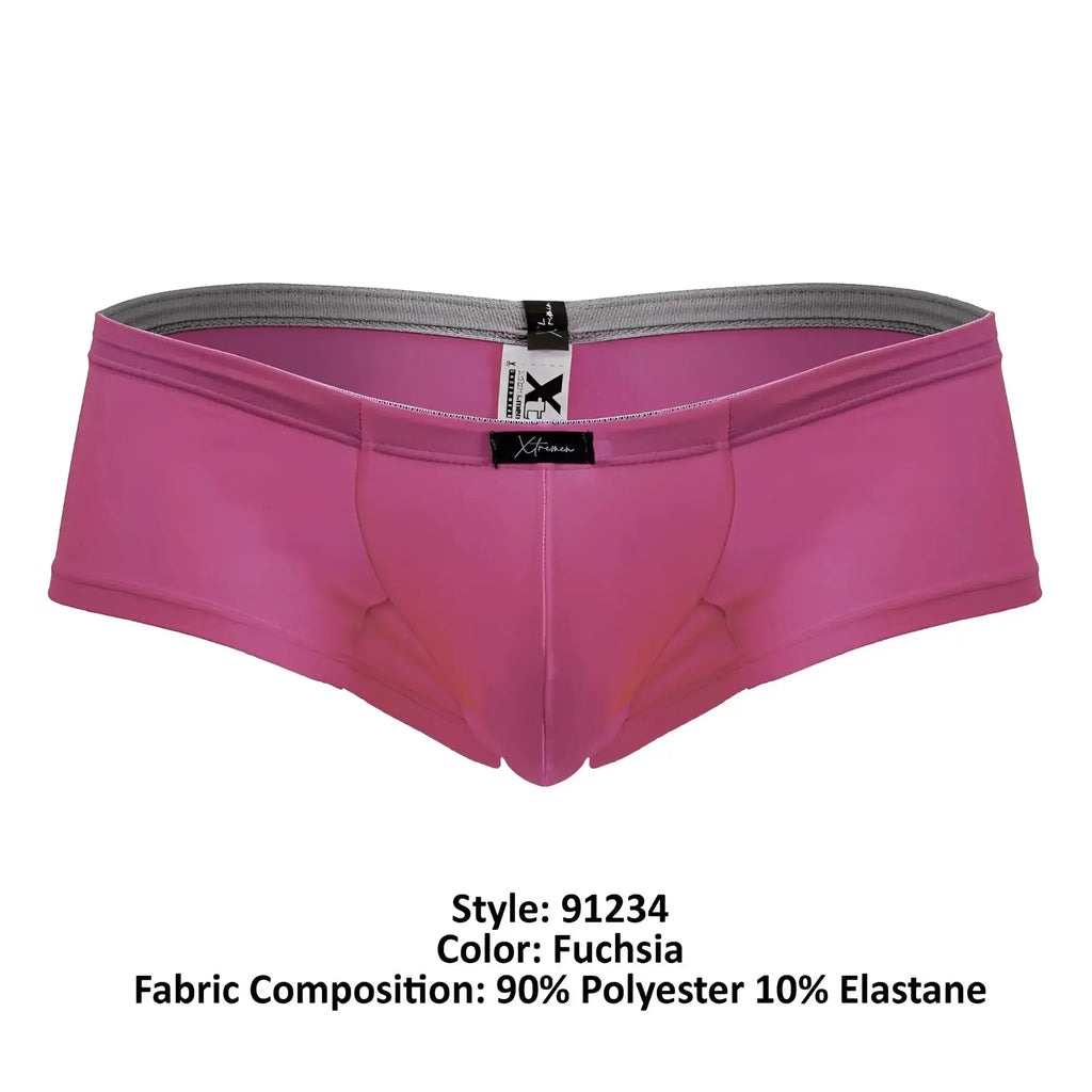 Fuchsia xtremen 91234 microfiber men’s briefs with gray elastic waistband and black brand tags visible from front