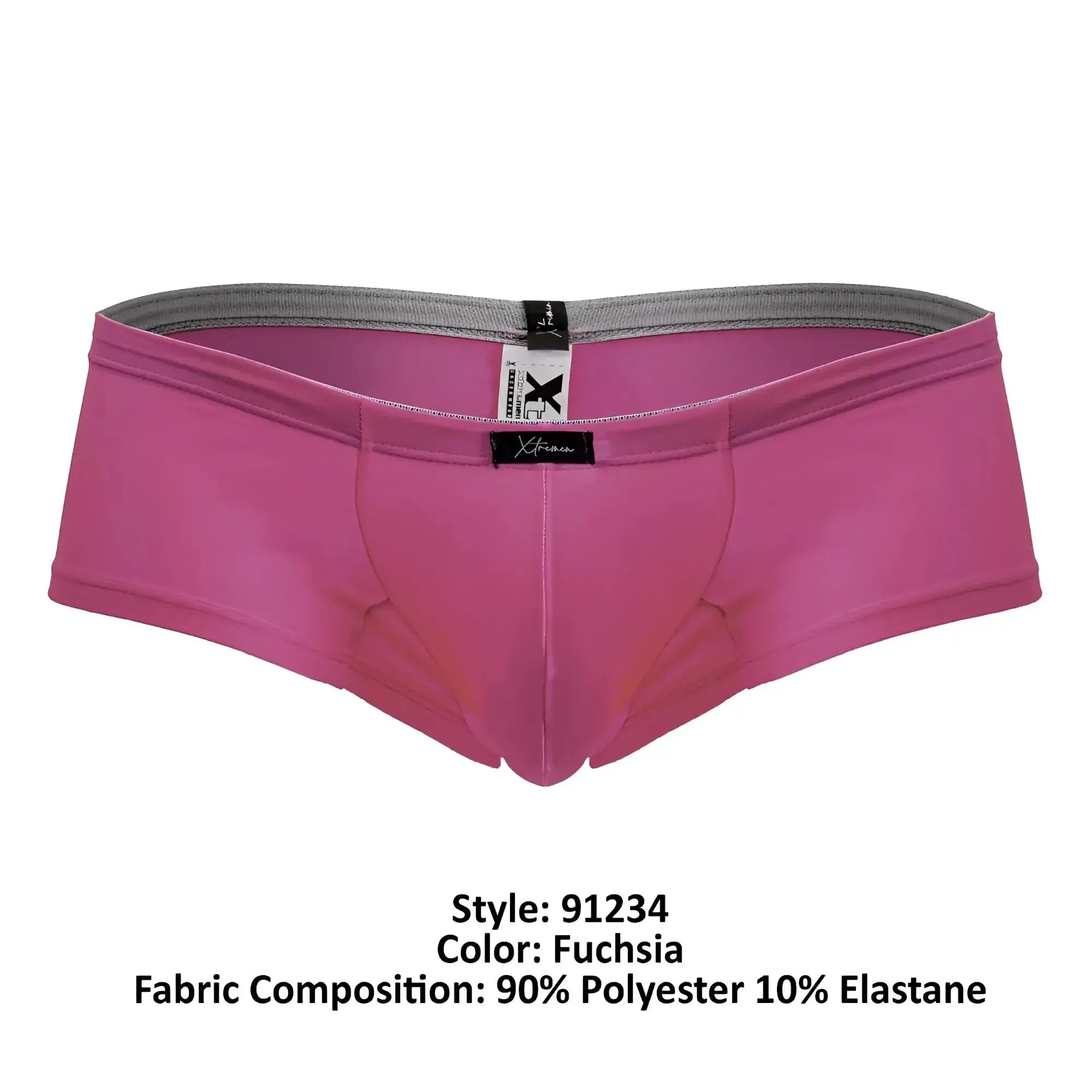Fuchsia xtremen 91234 microfiber men’s briefs with gray elastic waistband and black brand tags visible from front