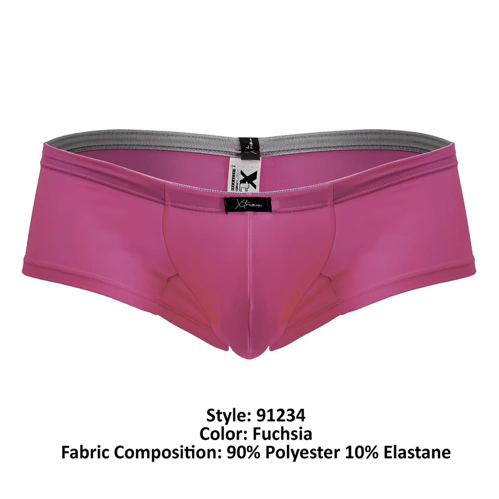 Fuchsia xtremen 91234 microfiber men’s briefs with gray elastic waistband and black brand tags visible from front