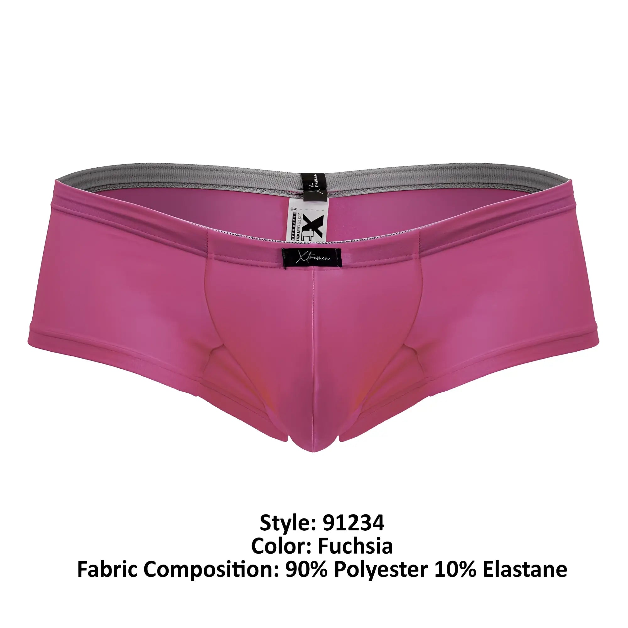 Fuchsia xtremen 91234 microfiber men’s briefs with gray elastic waistband and black brand tags visible from front
