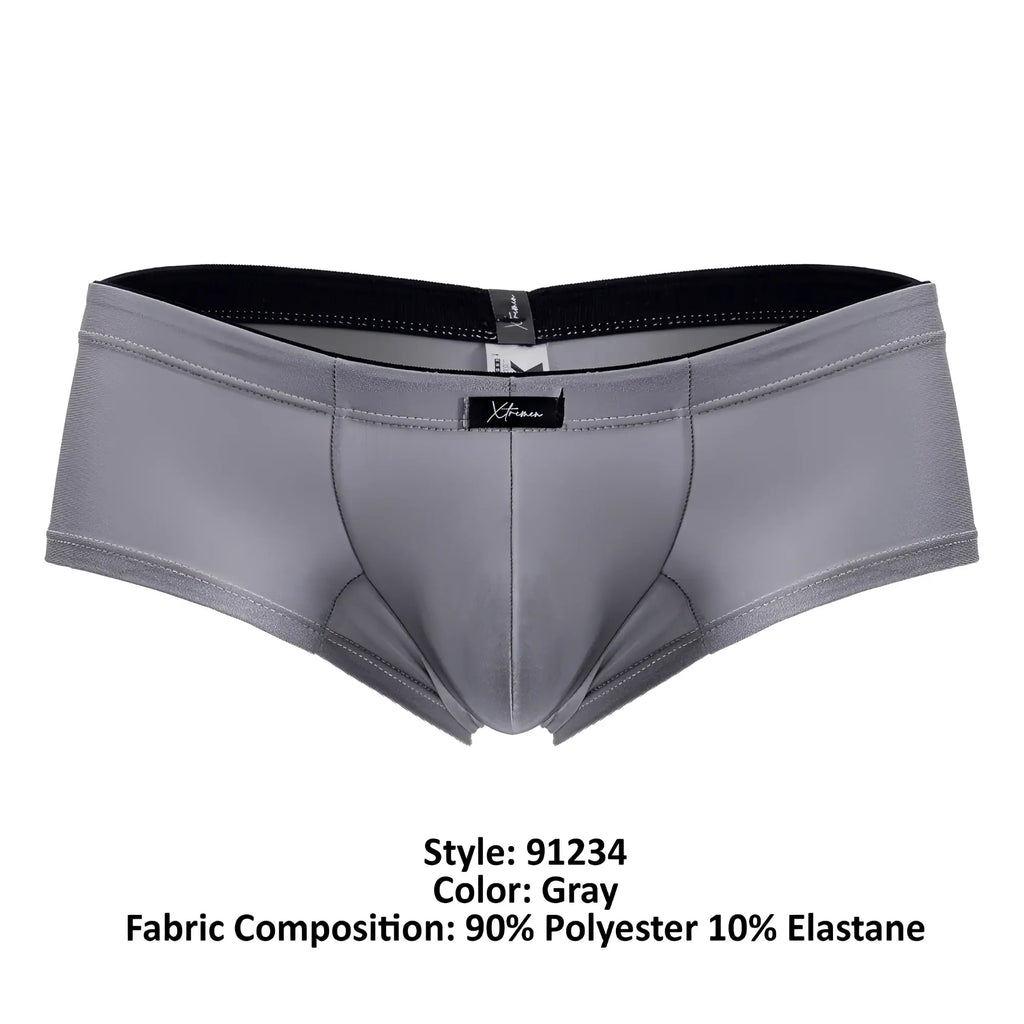 Gray xtremen 91234 microfiber trunks with black elastic waistband and subtle stitching details for men