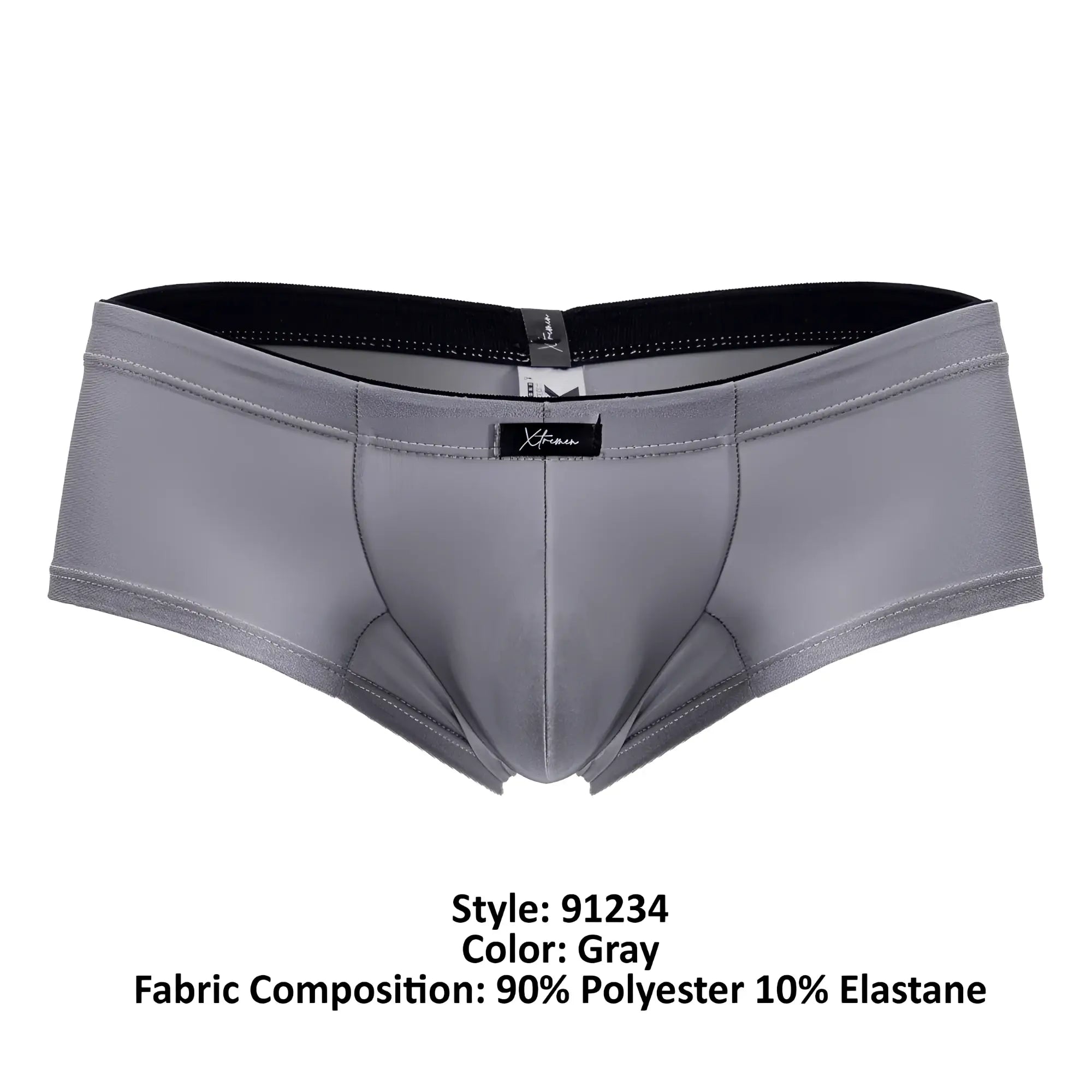 Gray xtremen 91234 microfiber trunks with black elastic waistband and subtle stitching details for men