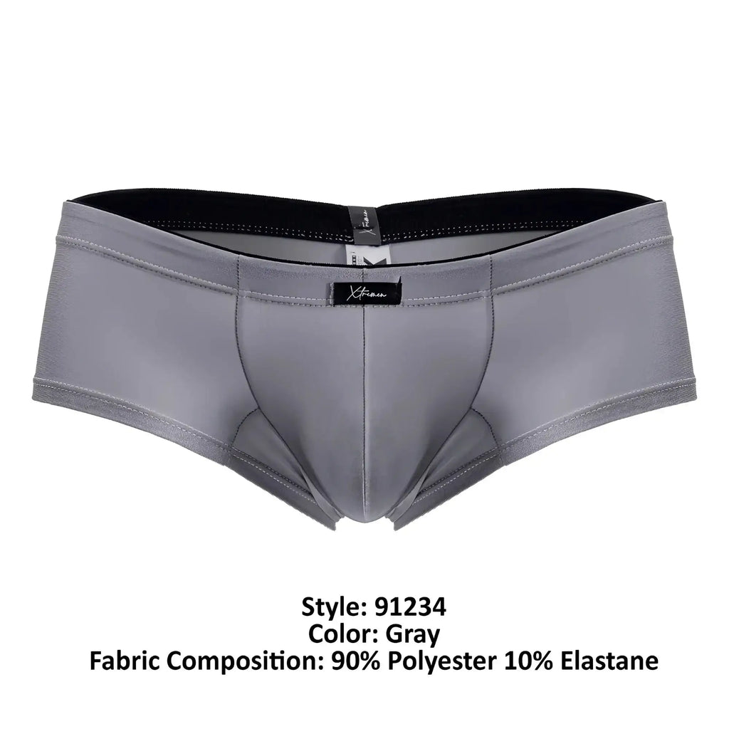 Gray xtremen 91234 microfiber trunks with black elastic waistband and subtle stitching details for men