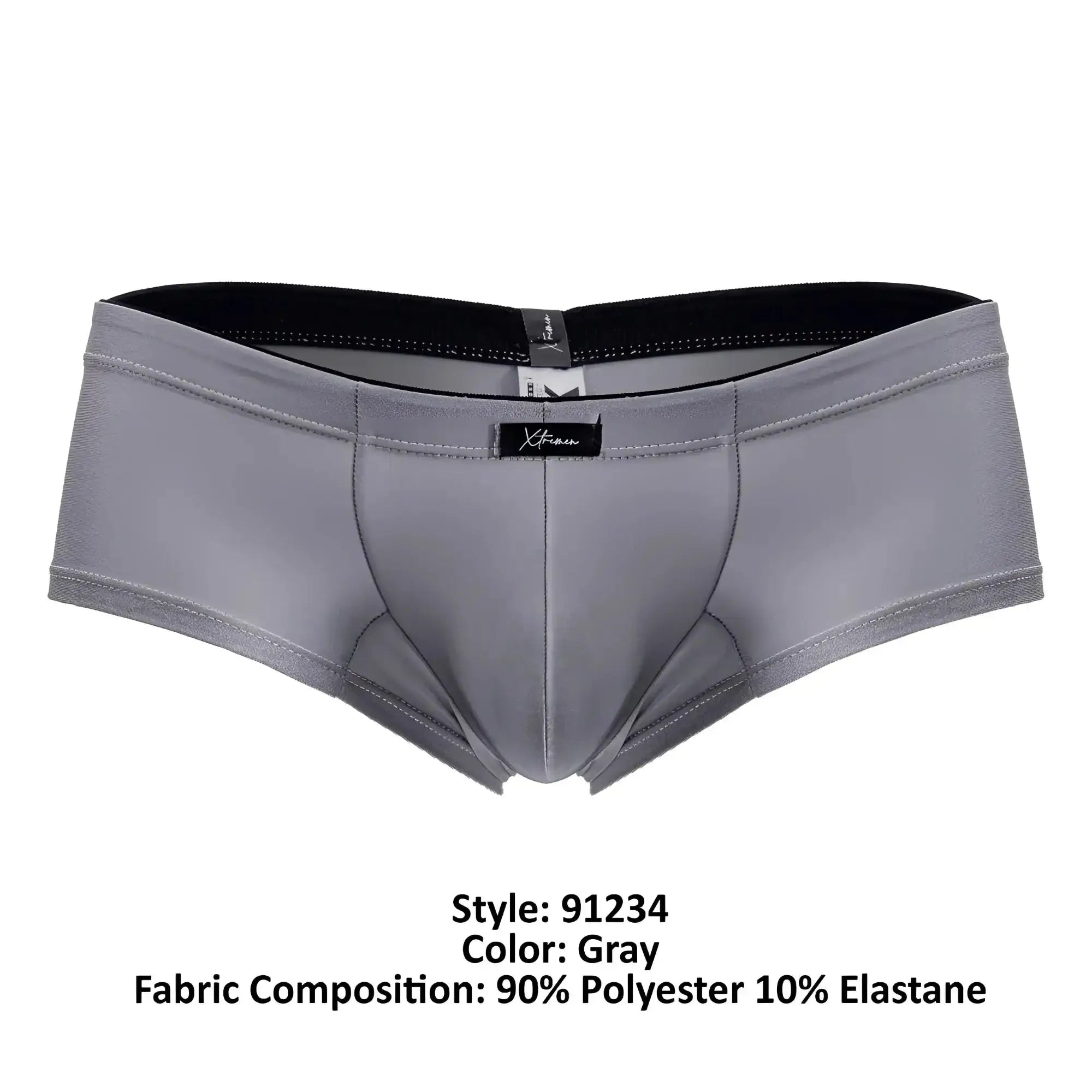 Gray xtremen 91234 microfiber trunks with black elastic waistband and subtle stitching details for men