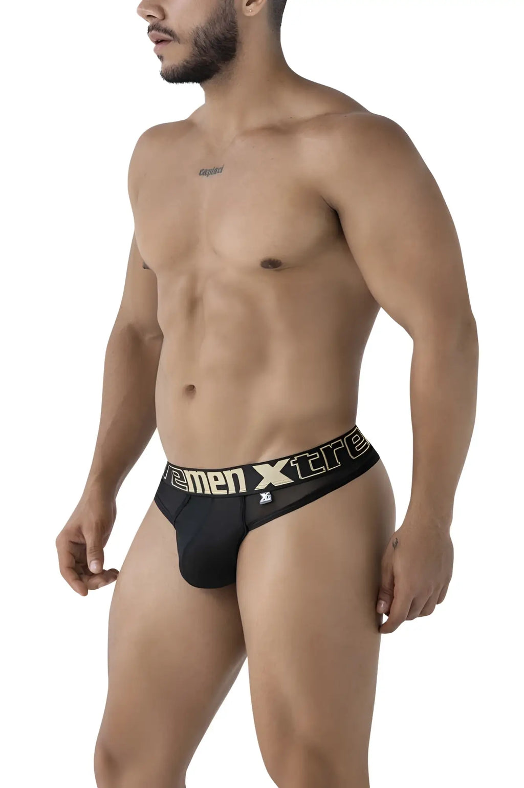 Black xtremen 91235 microfiber thongs with bold xtreme logo in white and gold on waistband