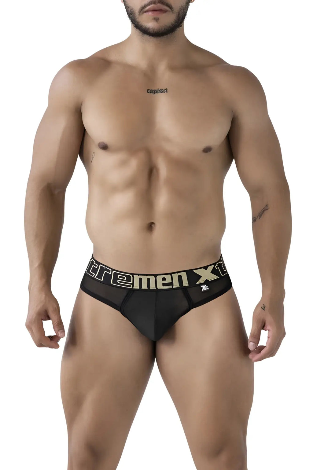 Black men’s briefs with gold and white extremen xt logo band made of microfiber in color black