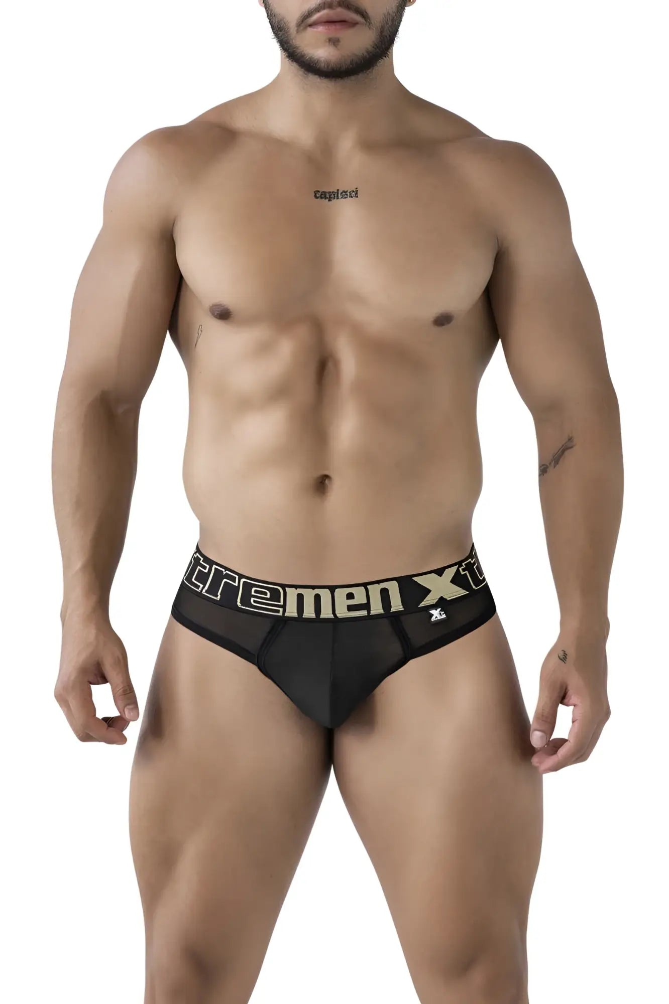 Black men’s briefs with gold and white extremen xt logo band made of microfiber in color black