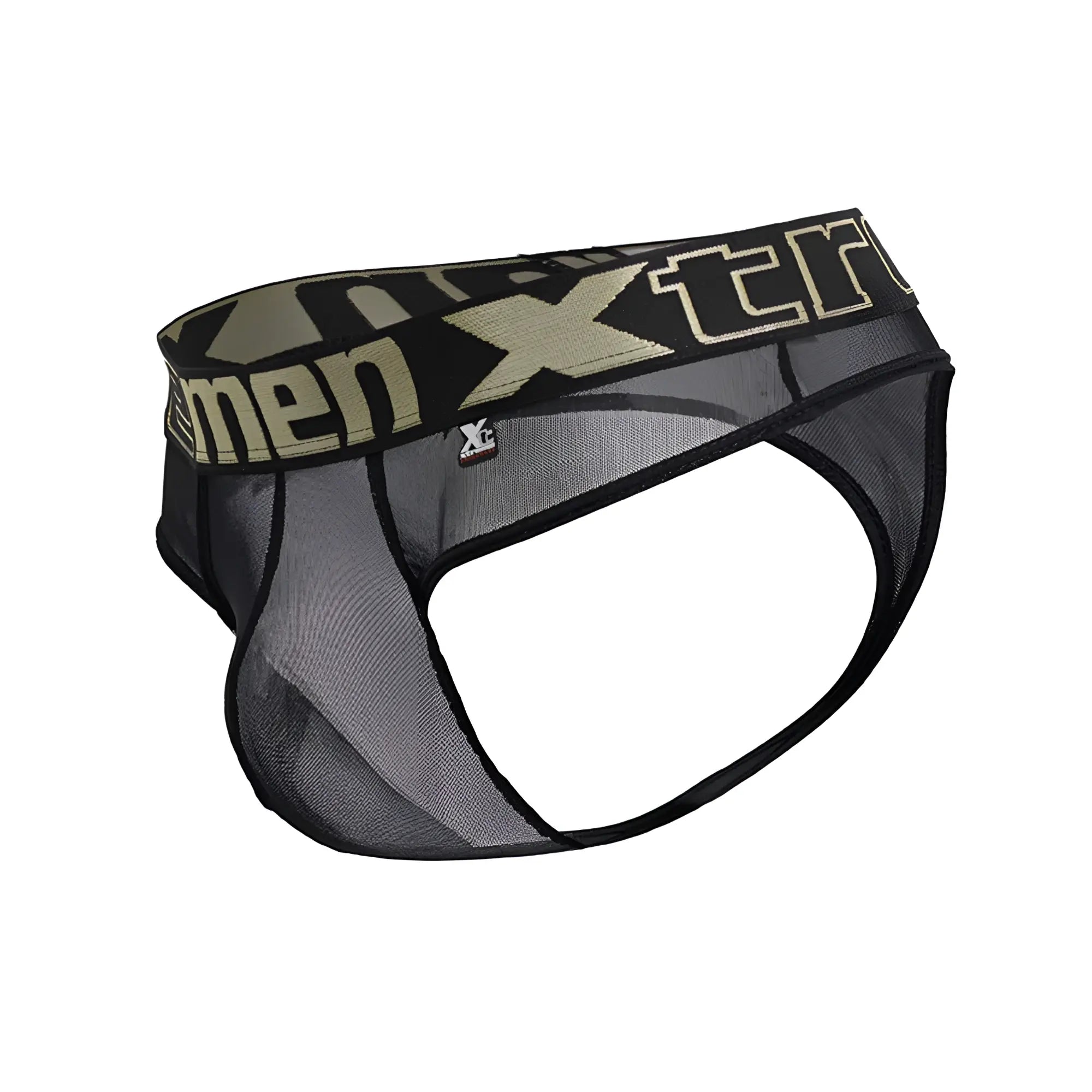 Black mesh men’s briefs with a camouflage waistband featuring gold xtreme branding and xc logo in microfiber fabric