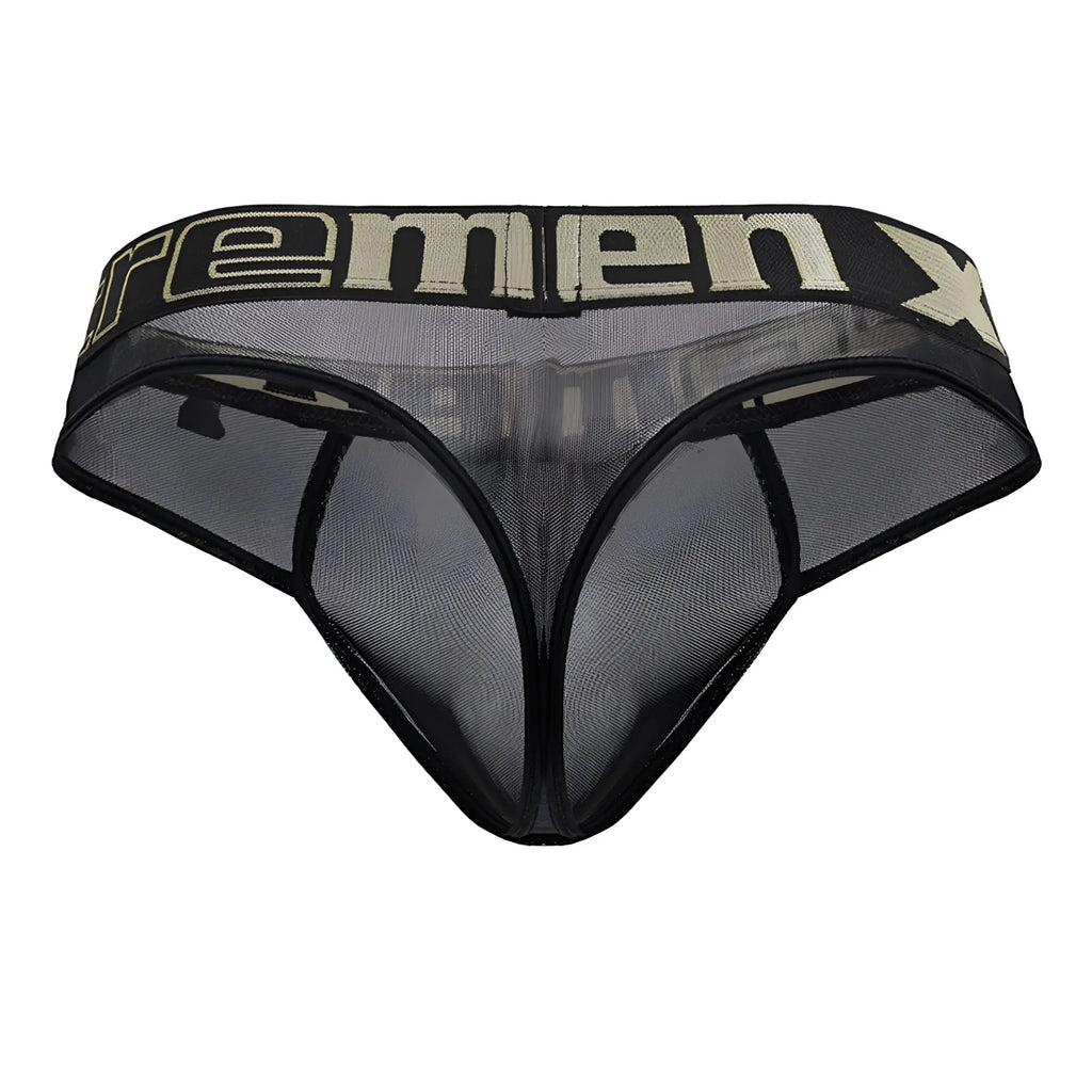 Black mesh men’s microfiber thong with beige remenx logo band from xtremen 91235 collection