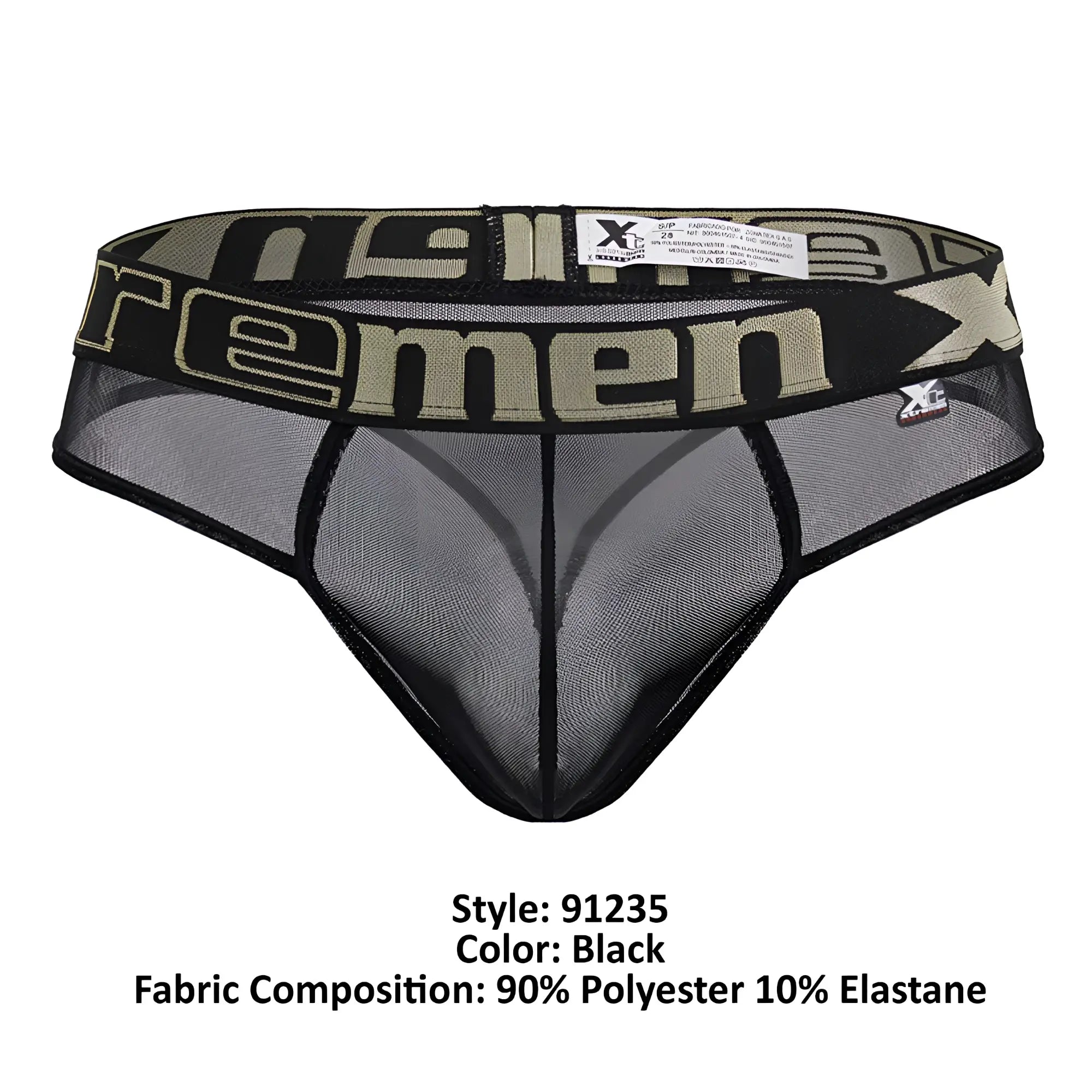 Black mesh men’s microfiber thong with bold olive green and black xtremen 91235 xtreme logo band