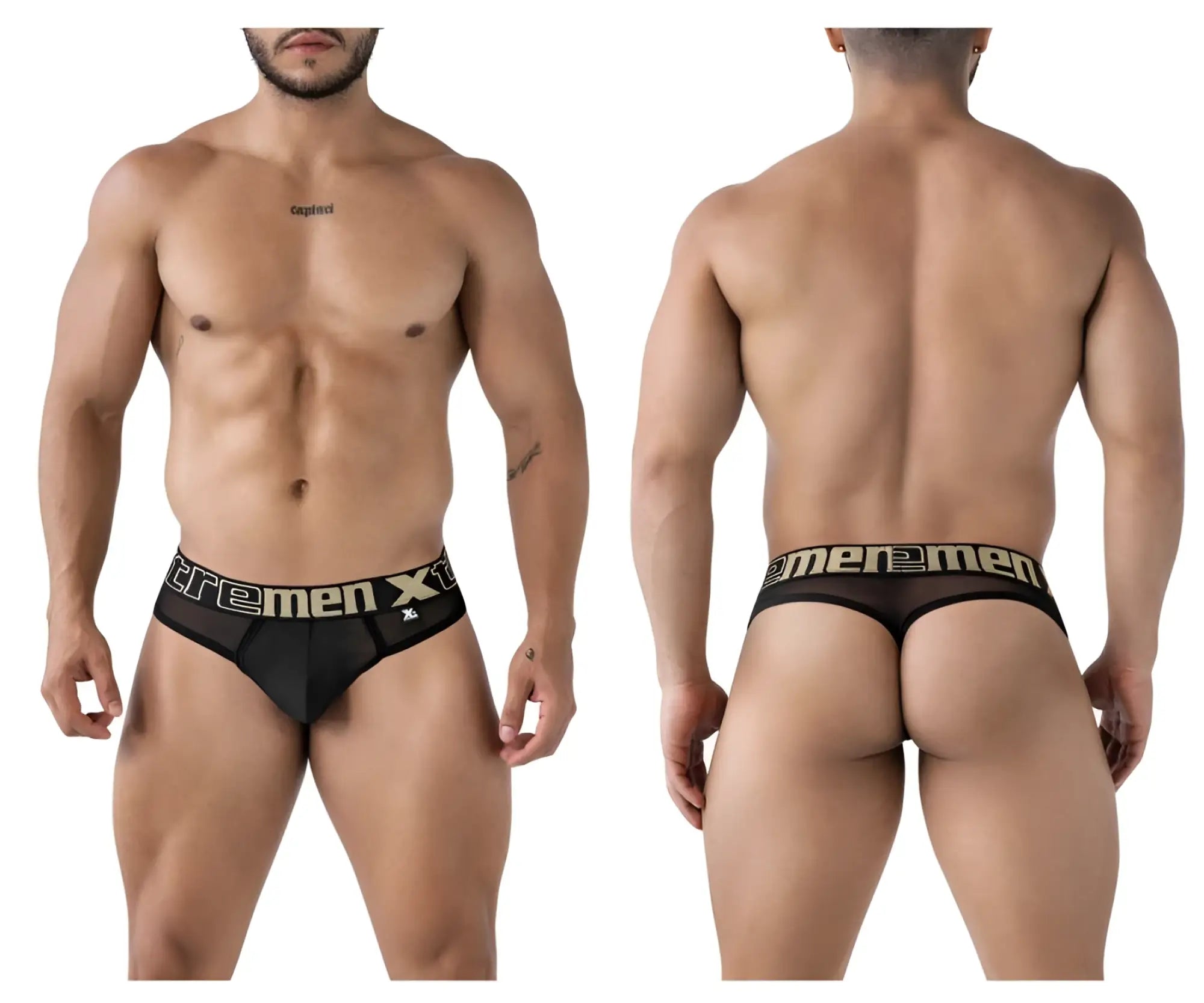 Black mesh microfiber thong with gold xtremen x branding on waistband from xtremen 91235 collection