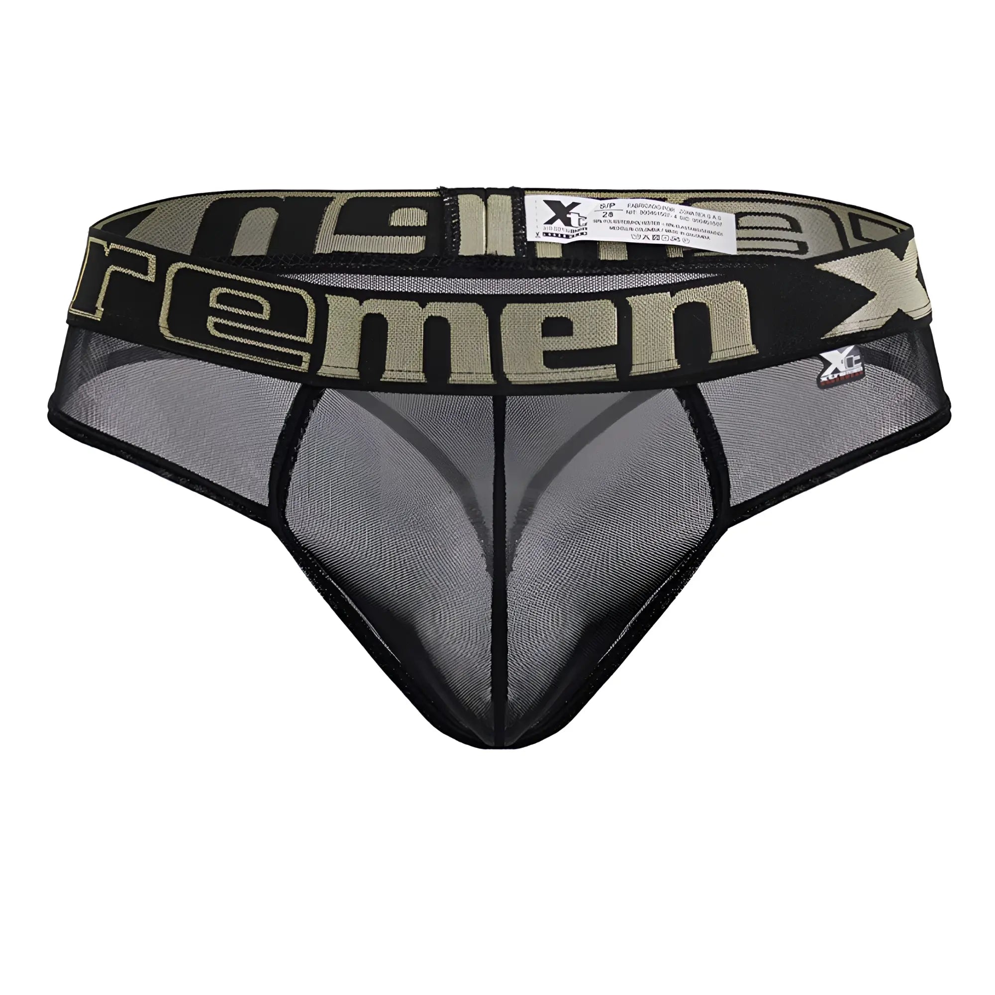 Black mesh microfiber thong with wide waistband featuring olive green Xtreme branding and adjustable elastic band