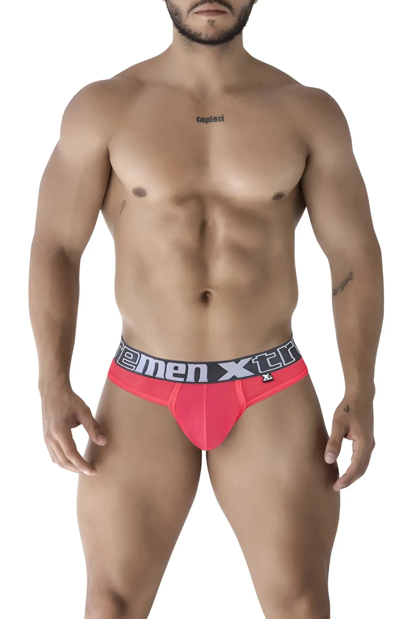 Bright pink xtremen 91235 microfiber thongs with black and white branded xtreme waistband for men