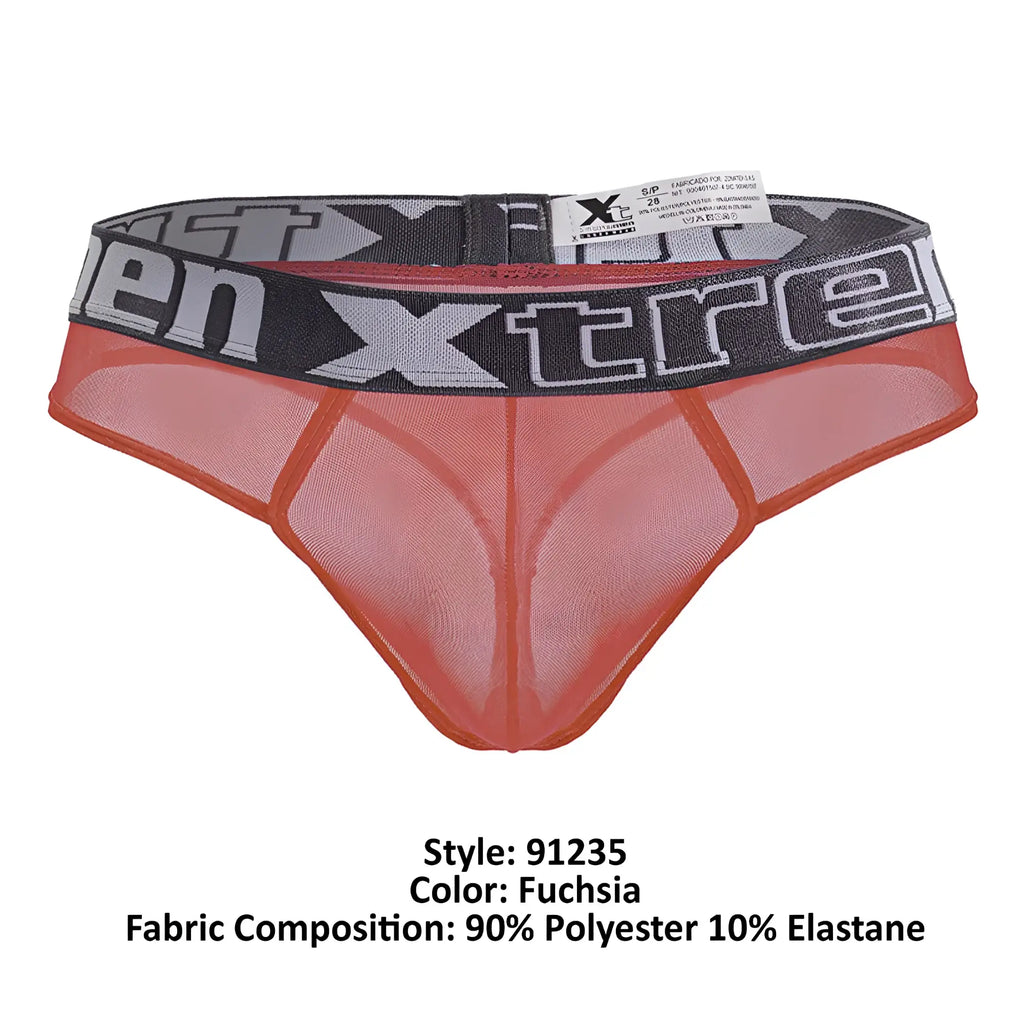 Fuchsia microfiber xtremen 91235 thong with mesh fabric and black gray elastic waistband featuring xtreme logo