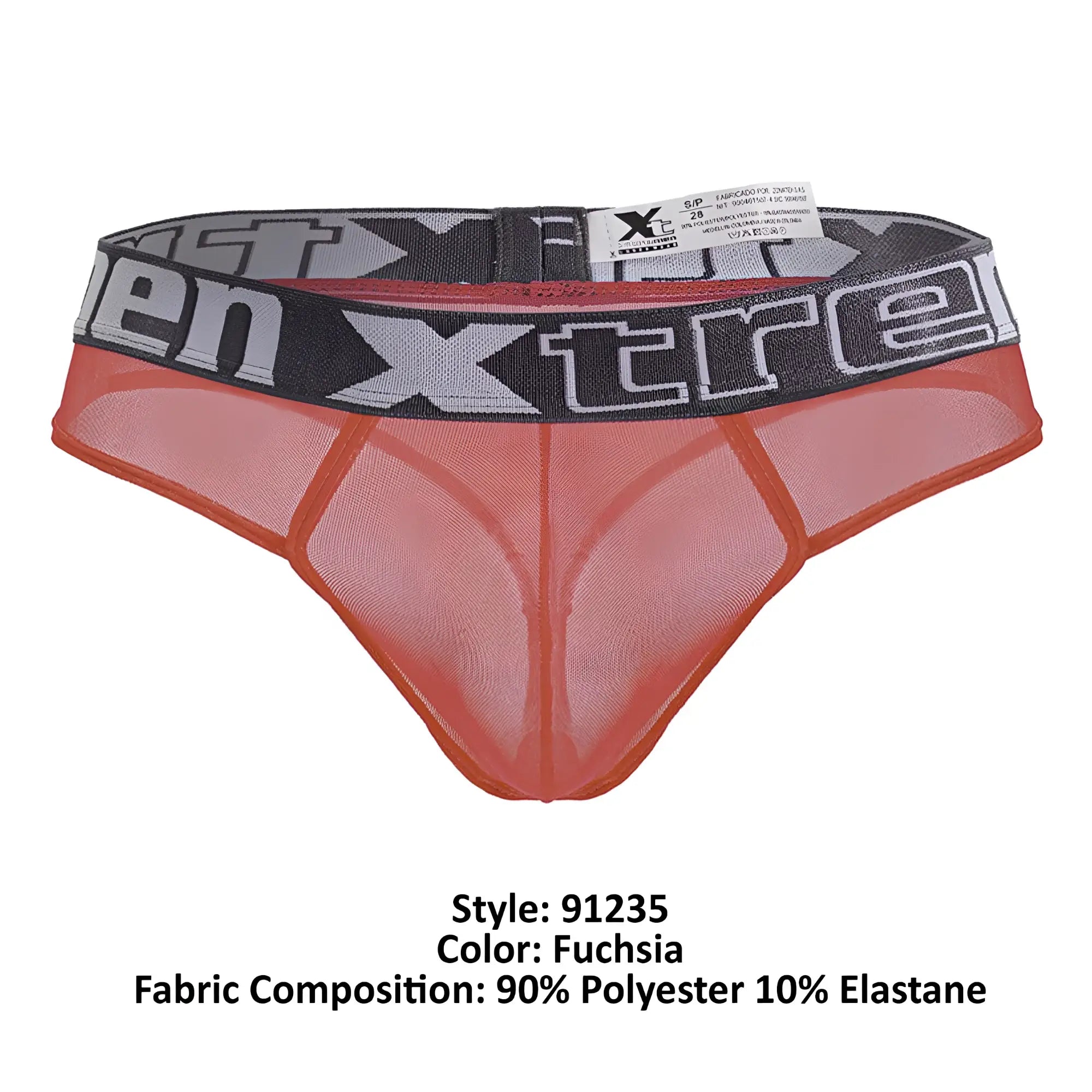 Fuchsia microfiber xtremen 91235 thong with mesh fabric and black gray elastic waistband featuring xtreme logo