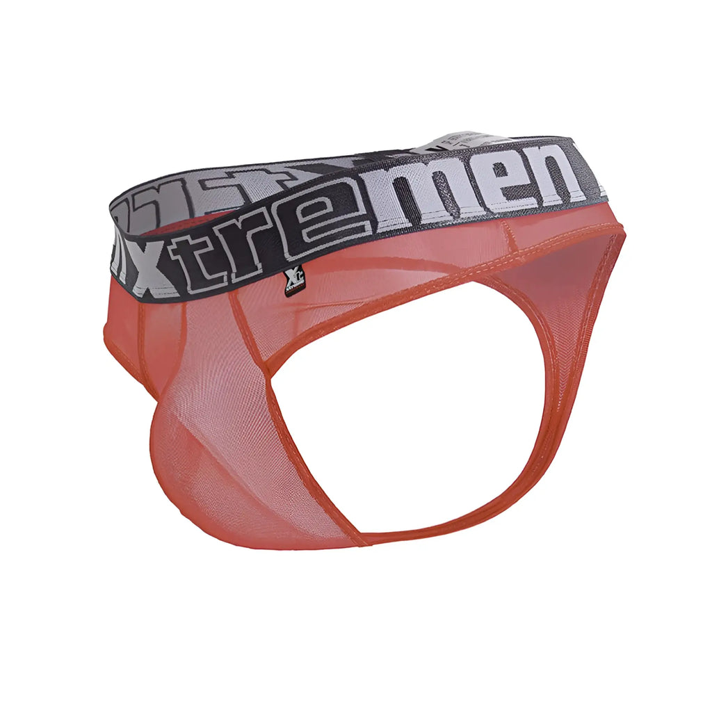 Orange mesh briefs with gray and black xtreme men logo waistband in xtremen 91235 microfiber thongs color fuchsia