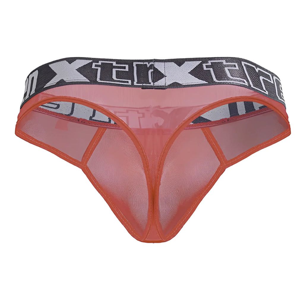 Xtremen 91235 microfiber thong in fuchsia orange mesh with black and gray elastic xtreme logo waistband