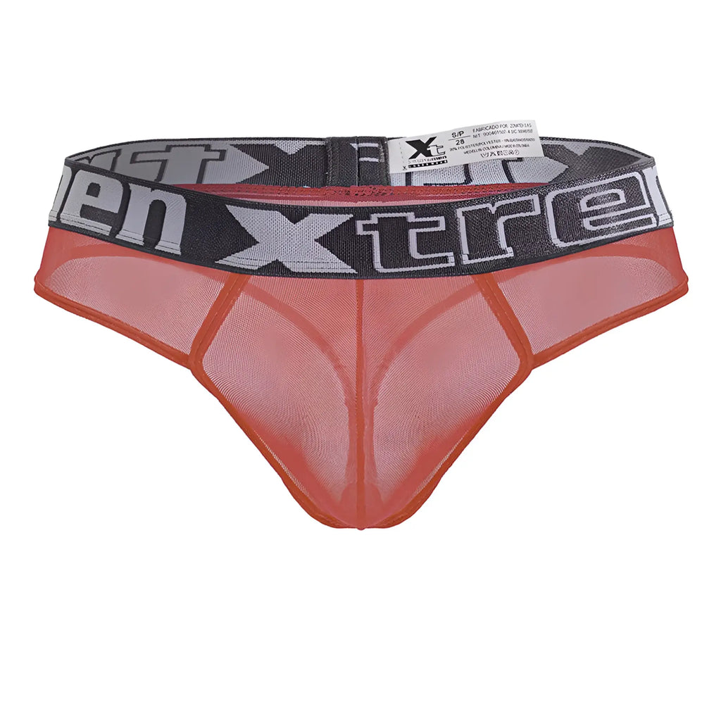 Xtremen 91235 microfiber thong in orange mesh with gray and black xtreme logo elastic waistband in front view